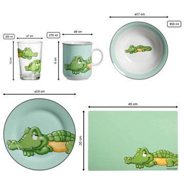 Ritzenhoff & Breker Kindergeschirr-Set Happy Zoo Krokodil Geschirr-Set mit Kinderbecher (7-tlg), Material-Mix