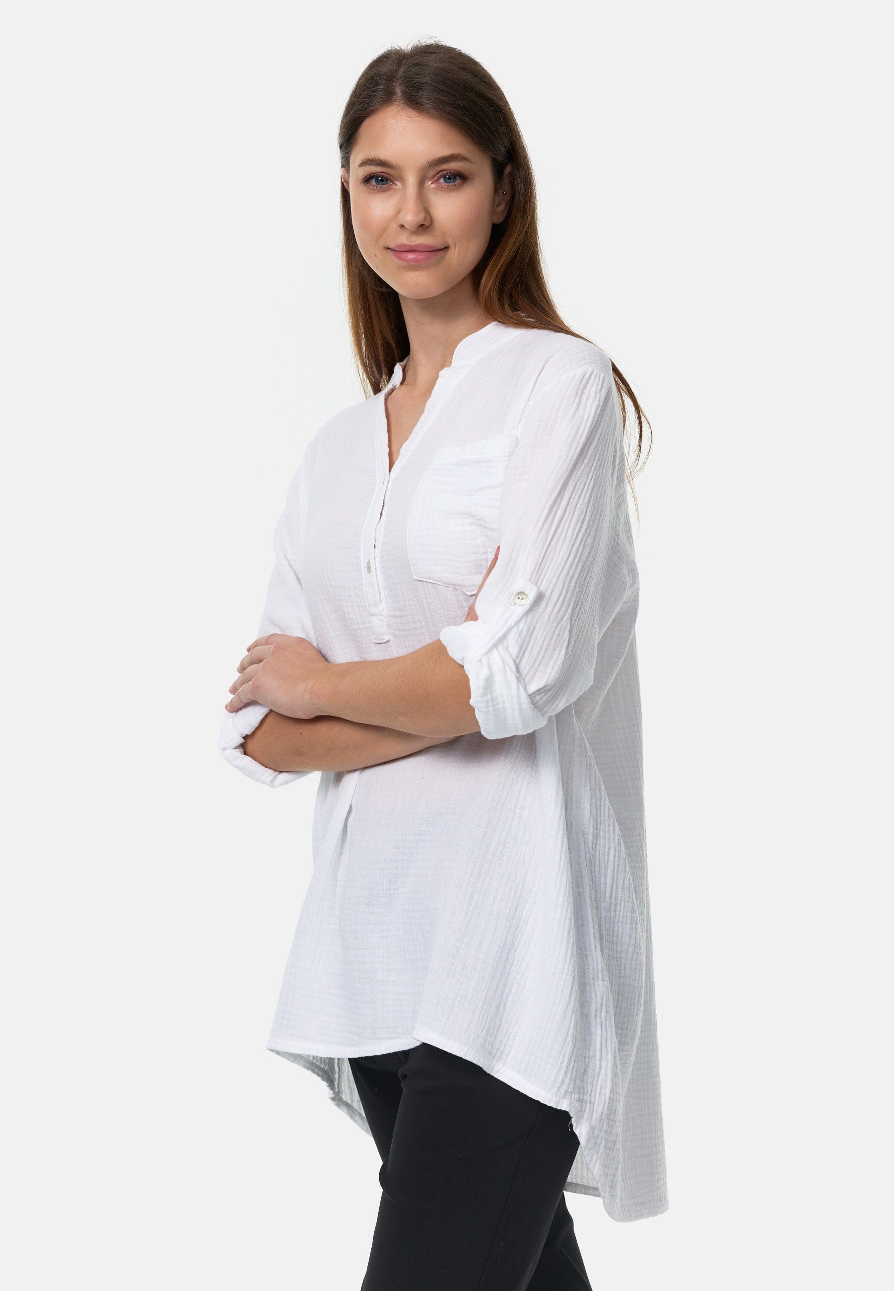 Rayshyne Longbluse PM-17 (Sommerliche Musselin Tunika Bluse mit Tasche in Einheitsgröße)