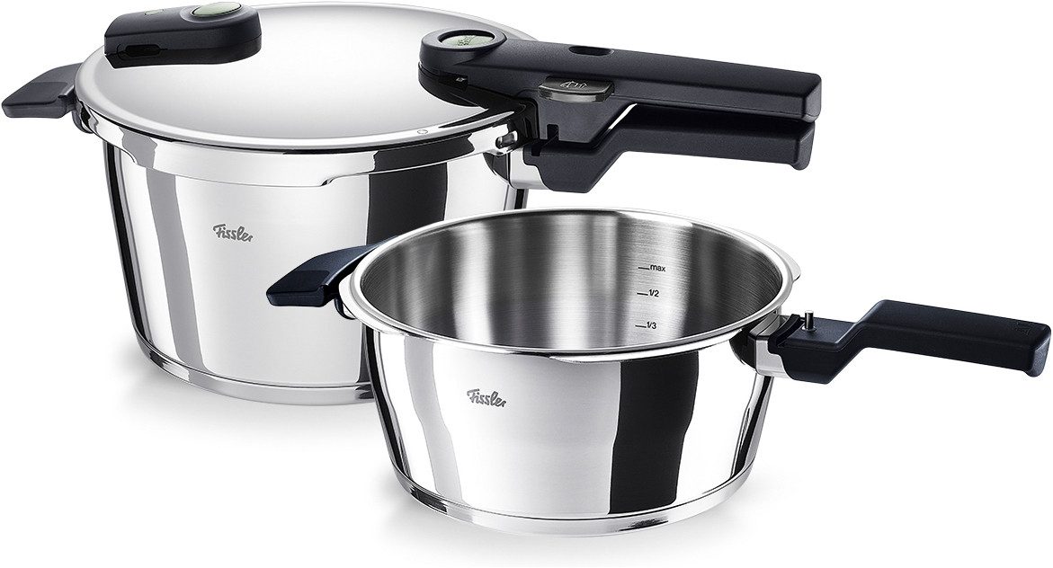 Fissler Schnellkochtopf Vitaquick®Elemental Dampfkochtopf Premium Drucktopf, Edelstahl 18/10 (Set, 3-tlg., Schnellkochtopf + Schnellbratpfanne + 1 Deckel), Schnellkochtopf-Set mit 2 Garstufen und Superthermic Boden