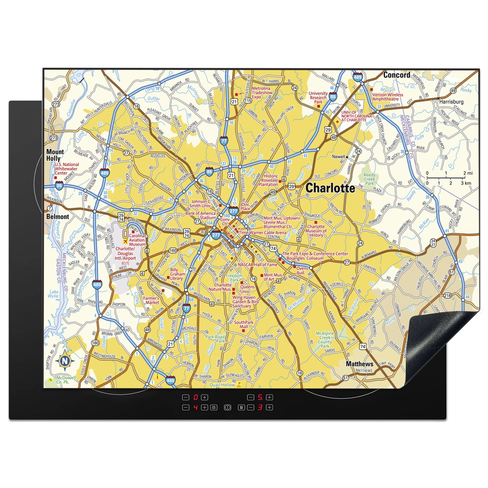 MuchoWow Herdblende-/Abdeckplatte Eine Illustration des Stadtplans von Charlotte in North Carolina, Vinyl, (1 tlg), 70x52 cm, Mobile Arbeitsfläche nutzbar, Ceranfeldabdeckung