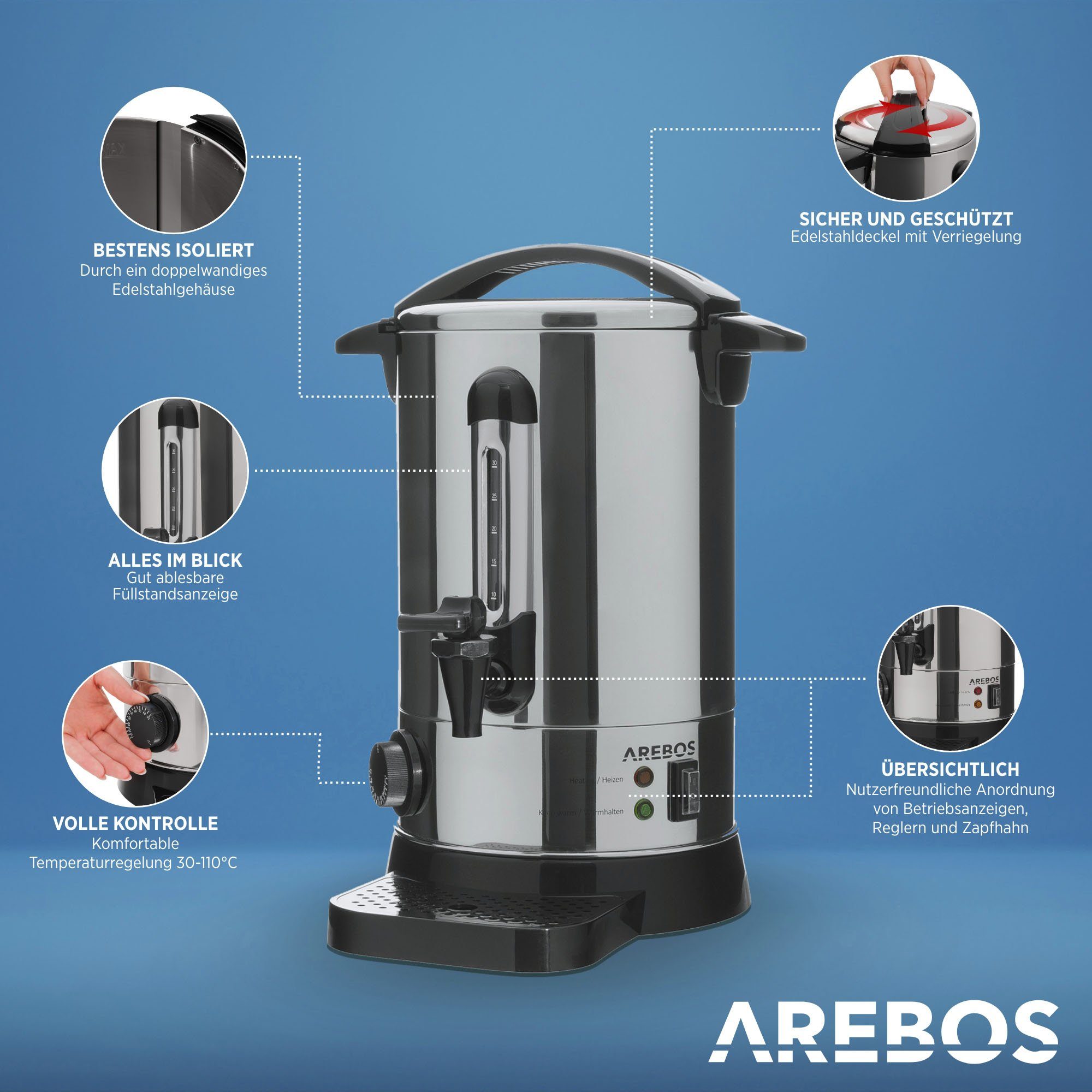 Arebos Heißgetränke- und Glühweinautomat 6,8 L mit Überhitzungsschutz, 30–110 °C, 3 Farben, 950,00 W