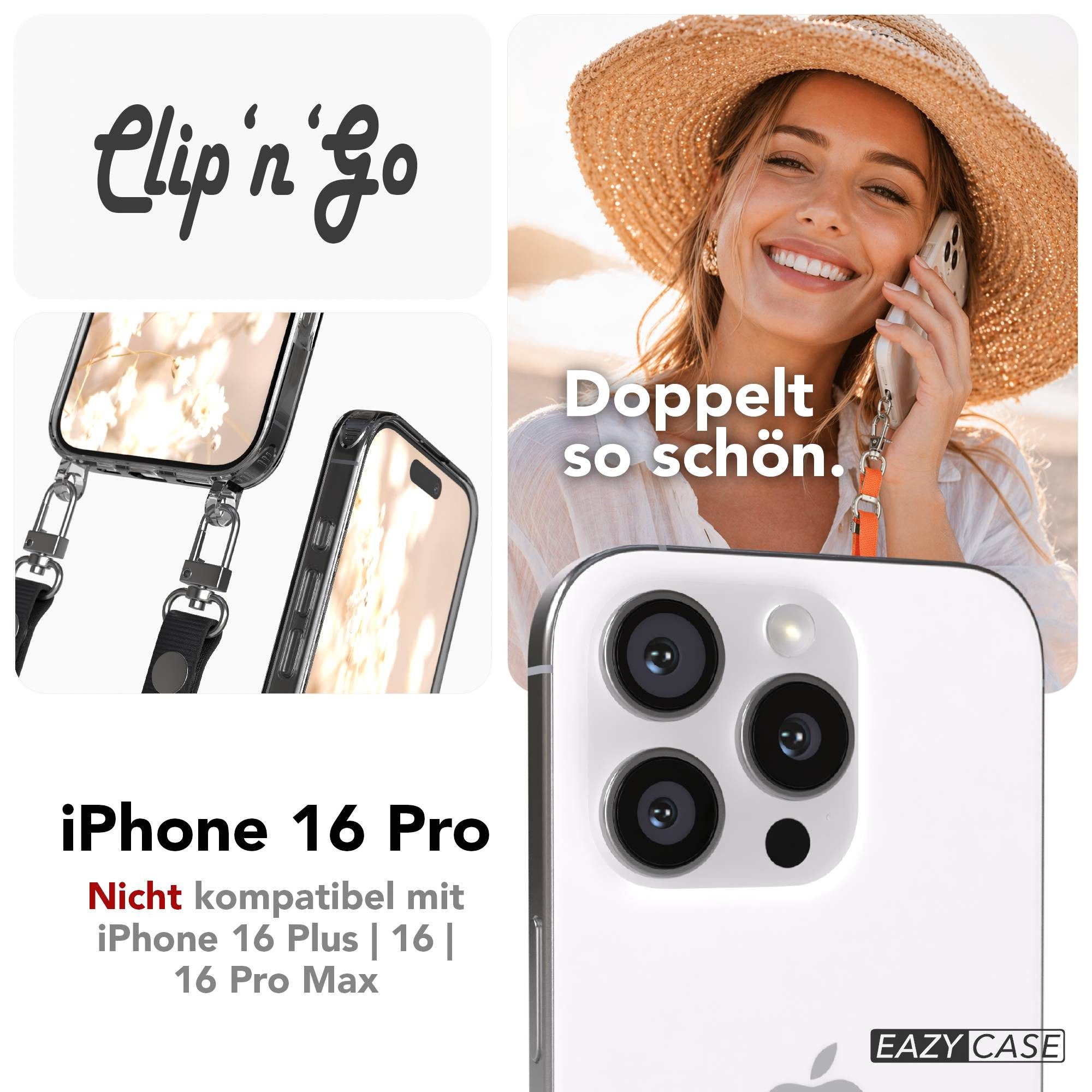 EAZY CASE Handykette für Apple iPhone 16 Pro Handyhülle mit Handyband magnetisch, MagSafe Hülle in Schwarz mit Magnetband und flexibler Handykette