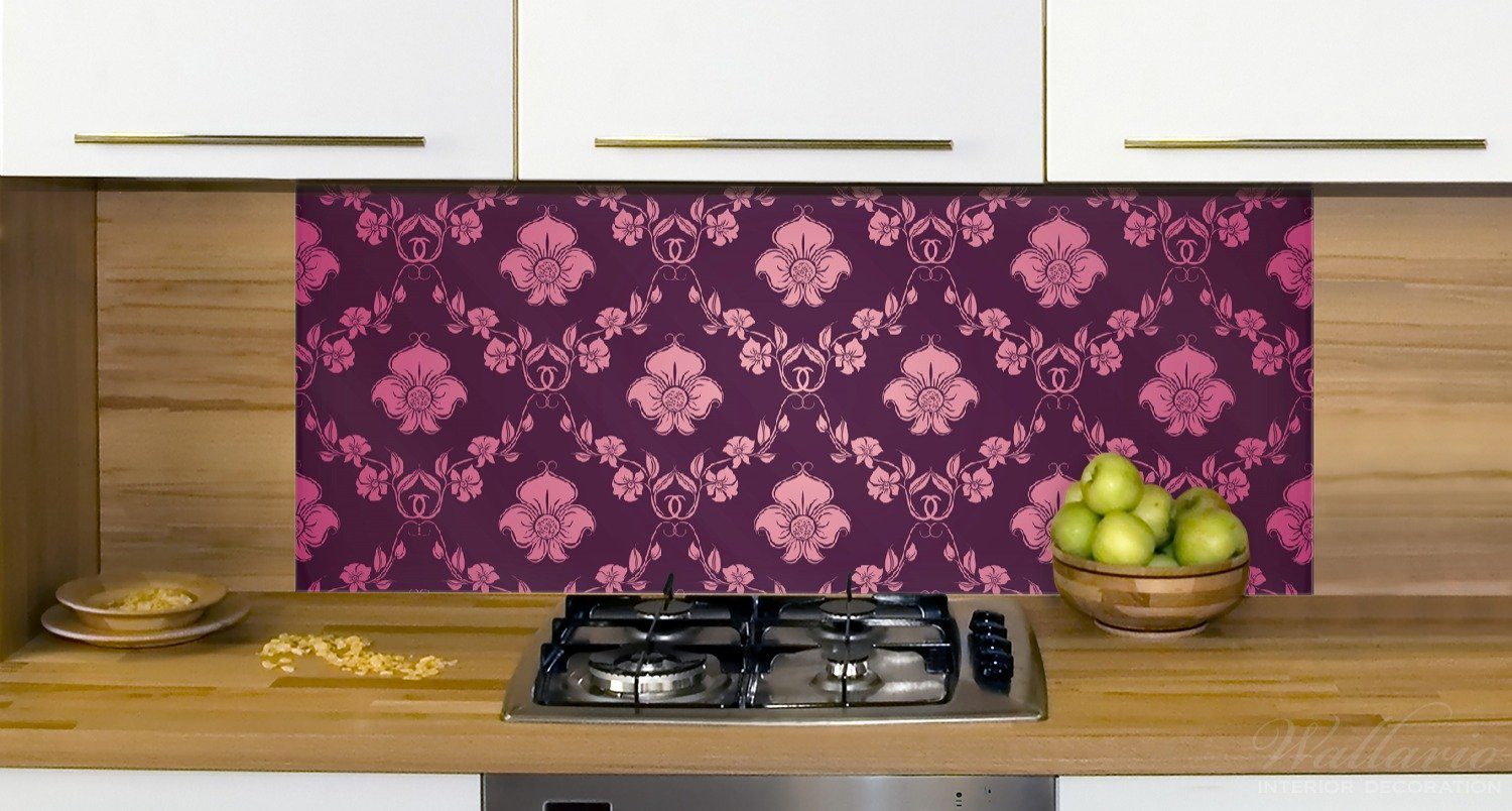 Wallario (1-tlg) lila, Blumenmuster pink in Damast Küchenrückwand