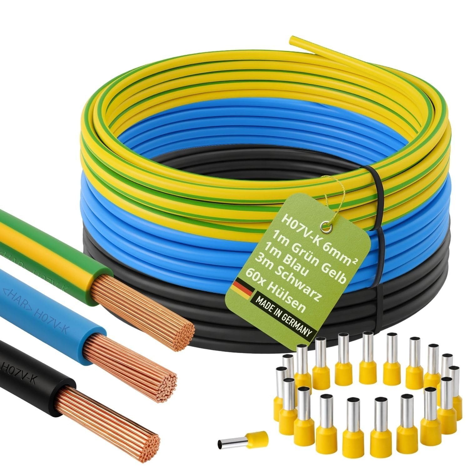 INVOLT H07V-K Verdrahtungsleitung 6mm² Set: 1m Blau, 1m Grün-Gelb, 3m Schwarz Stromkabel