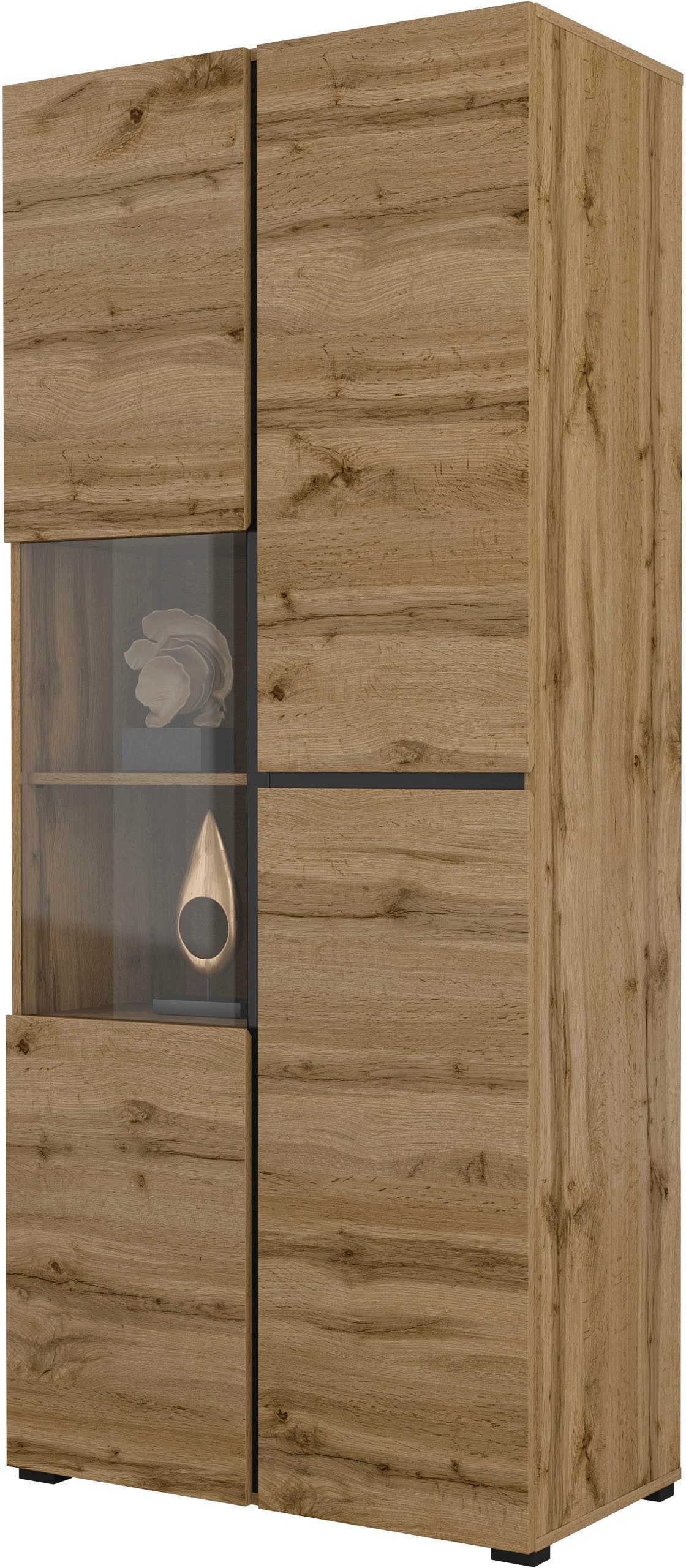 OTTO home Vitrine Cross, Höhe 183,5 cm, moderne grifflose Standvitrine mit 3 Türen Hochschrank mit viel Stauraum, Glastür und verstellbaren Einlegeböden