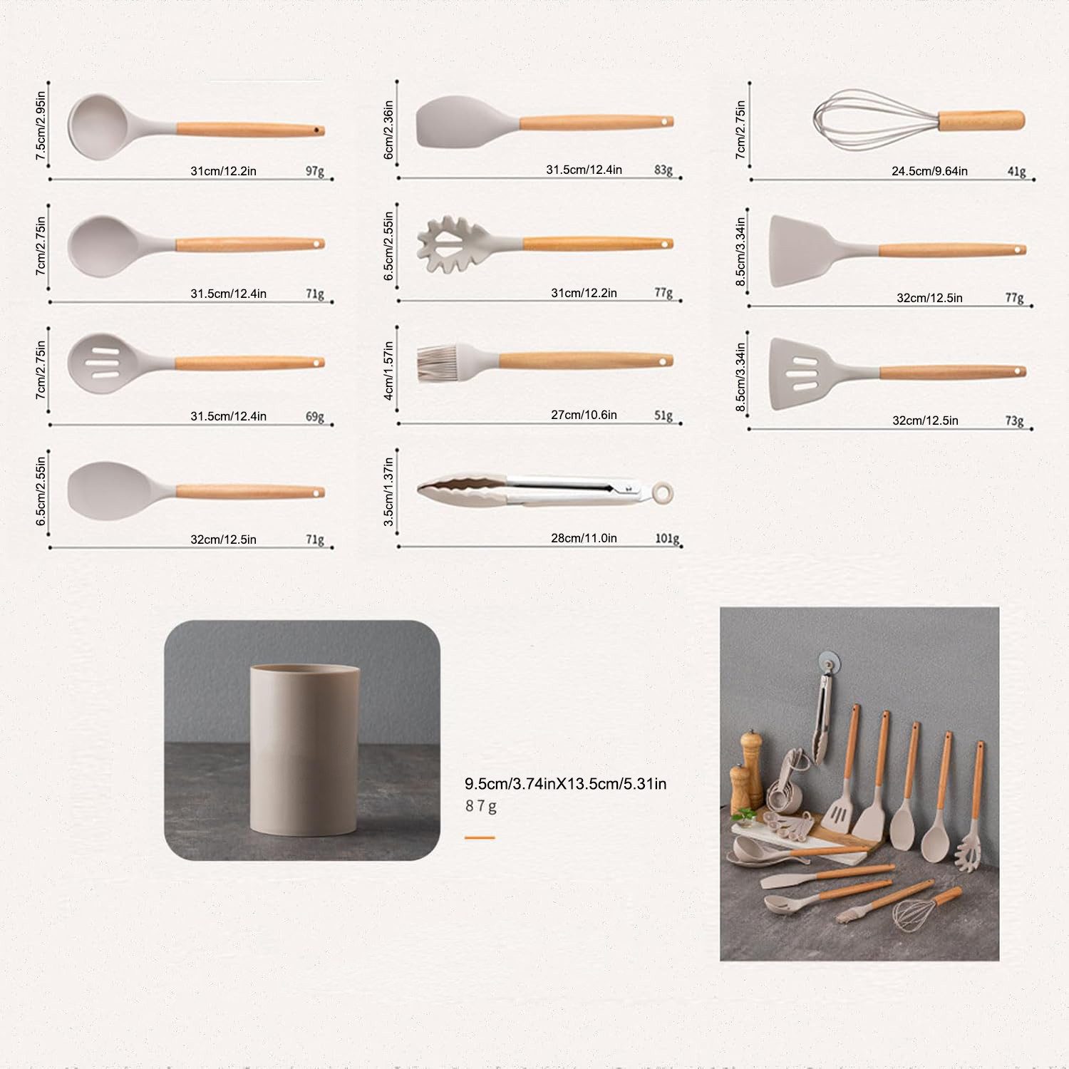 OKWISH Kochbesteck-Set 12er Küchenutensilien Set Küchenhelfer Kochgeschirrset (mit Hitzebeständigem Holzgriff und Aufhängeschlaufe, 12-tlg., Kochbesteck, Silikon und Holz), BPA-frei für Kochen Braten Schöpfen Mischen und Backen usw