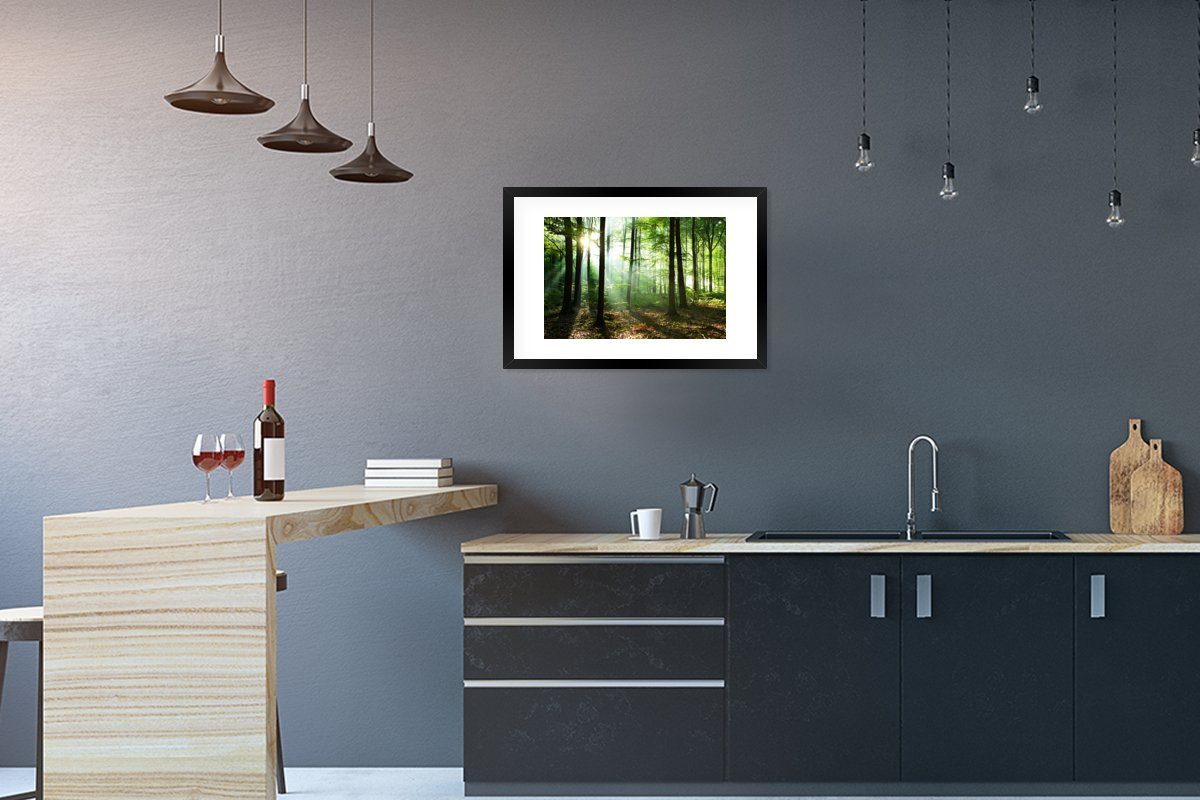 MuchoWow Poster Wald - Sonne - Laub, (1 St), mit Rahmen, Kunstdruck, Gerahmtes Poster, Schwarzem Bilderrahmen
