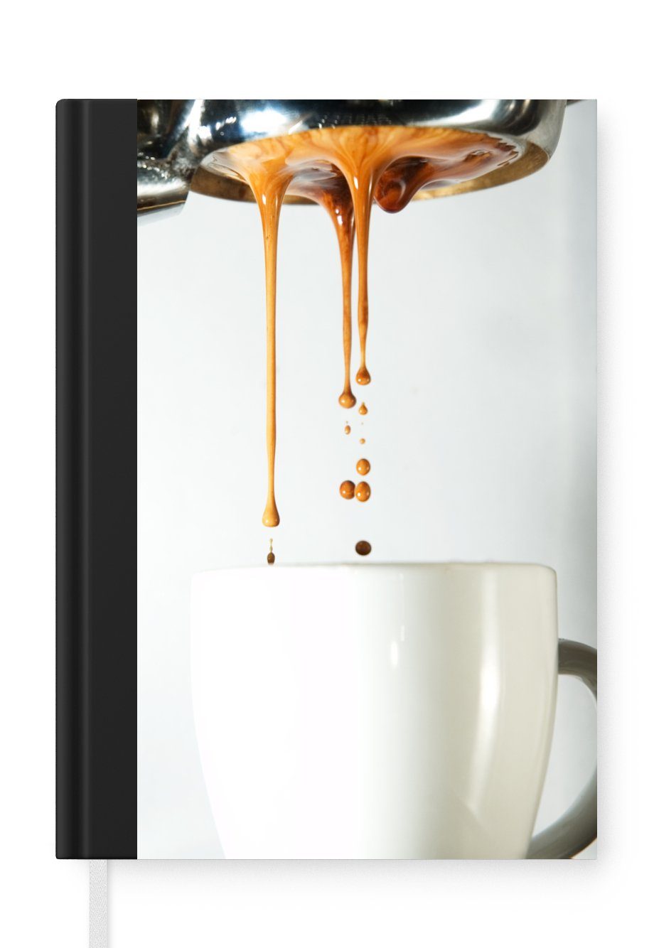 MuchoWow Notizbuch Der Kaffee fließt aus der Kaffeemaschine in die Kaffeetasse, Journal, Merkzettel, Tagebuch, Notizheft, A5, 98 Seiten, Haushaltsbuch