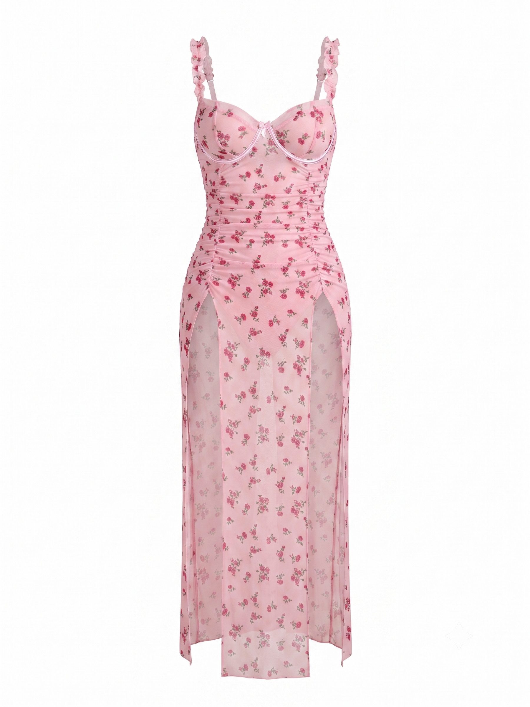 Elegant Love Druckkleid Transparente Loungewear mit Rosenmuster, Maxikleid mit Schlitz Schlafkleid mit Bustier-Cups, Nachtwäsche für besondere Abende