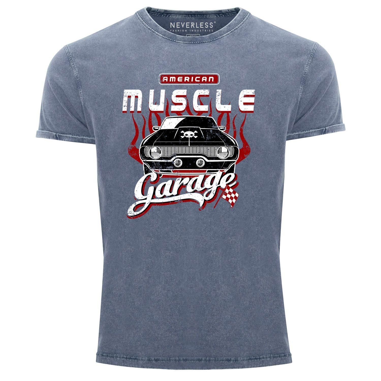 Neverless Print-Shirt Cooles Angesagtes Herren T-Shirt Vintage Shirt Retro American Muscle Car Used Look Slim Fit Neverless® mit Print blau