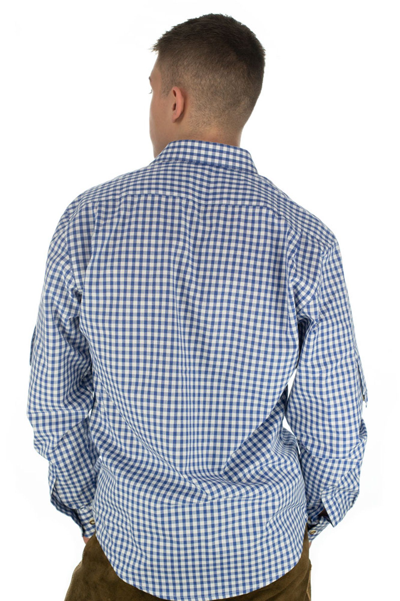 Langarmhemd mit der Knopfleiste mittelblau Edelweiß-Stickerei OS-Trachten Trachtenhemd Latee auf