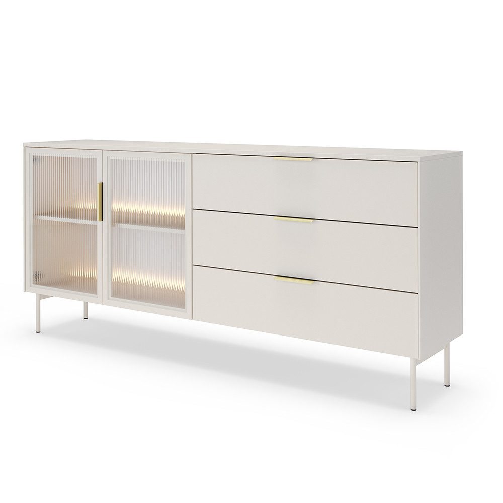 Lomadox Kommode LEXINGTON-167, kaschmir, 181,4 cm, 2 Glastüren, 3 Schubladen, LED-Beleuchtung