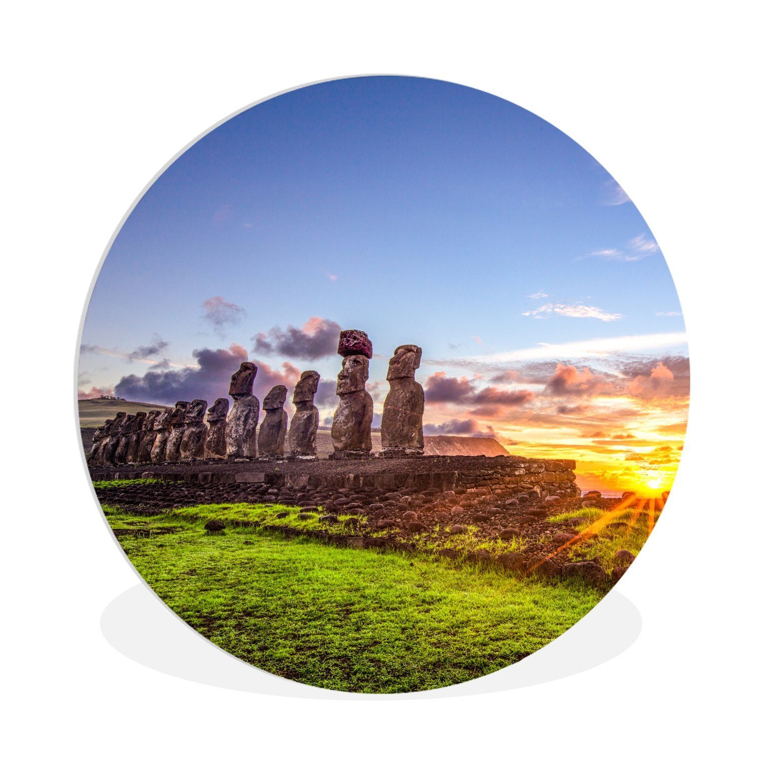 MuchoWow Gemälde Sonnenaufgang hinter Forex, Osterinsel, den St), Moai-Statuen Wandbild, Kreis Rundes auf Wohnzimmer, (1 der 30x30 Wanddekoration cm