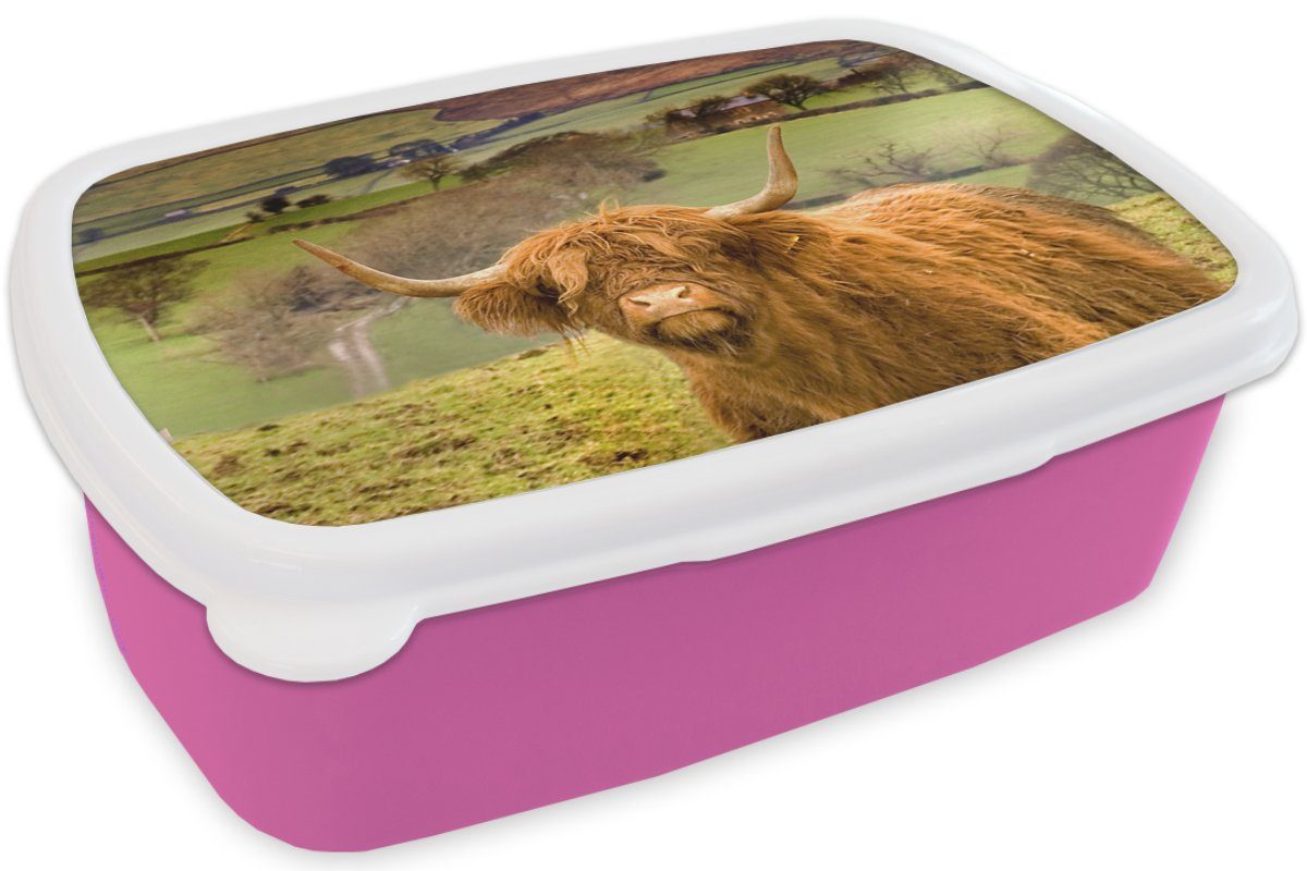 MuchoWow Lunchbox Schottischer Highlander - für Kunststoff Erwachsene, (2-tlg), Brotbox Kunststoff, Berg Herbst, Snackbox, - Kinder, Brotdose rosa Mädchen