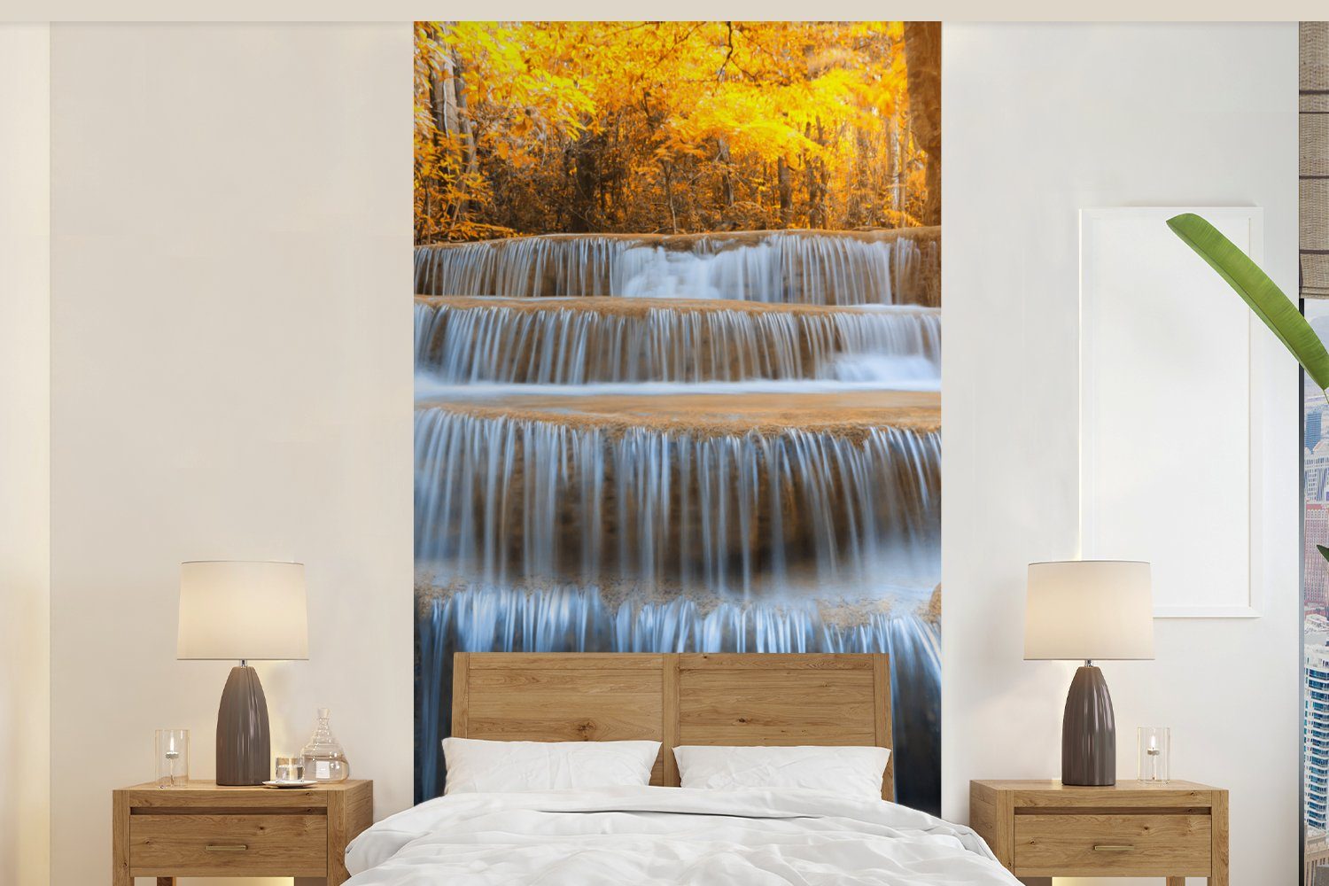 MuchoWow Fototapete Wasserfall - Natur - Bäume - Herbst - Landschaft, Matt, bedruckt, (2 St), Vliestapete für Wohnzimmer Schlafzimmer Küche, Fototapete