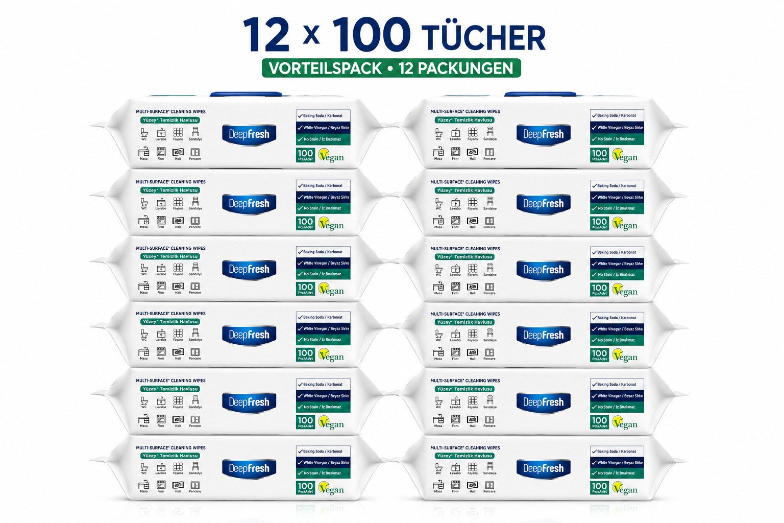 DeepFresh Allzweck-Reinigungstücher, Putztücher zum Putzen für Haushalt & Alltag Reinigungstücher (22x22 cm, 12er-Set, 12-tlg., 12 Packungen mit 1.200 Tüchern, White Soap Duft, extra breit & dick, OHNE BLEICHMITTEL, mit Natron & weißem Essig, ohne Nachspülen)