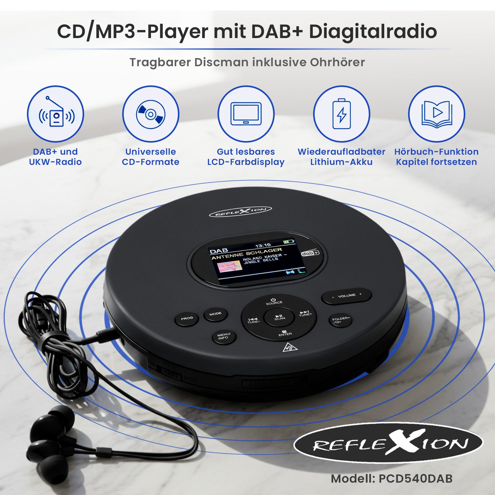 Reflexion PCD540DAB CD/MP3-Player mit DAB+ Digitalradio tragbarer CD-Player (LCD-Farbdisplay, Hörbuchfunktion, Ohrhörer, 8 Std. Akkulaufzeit)