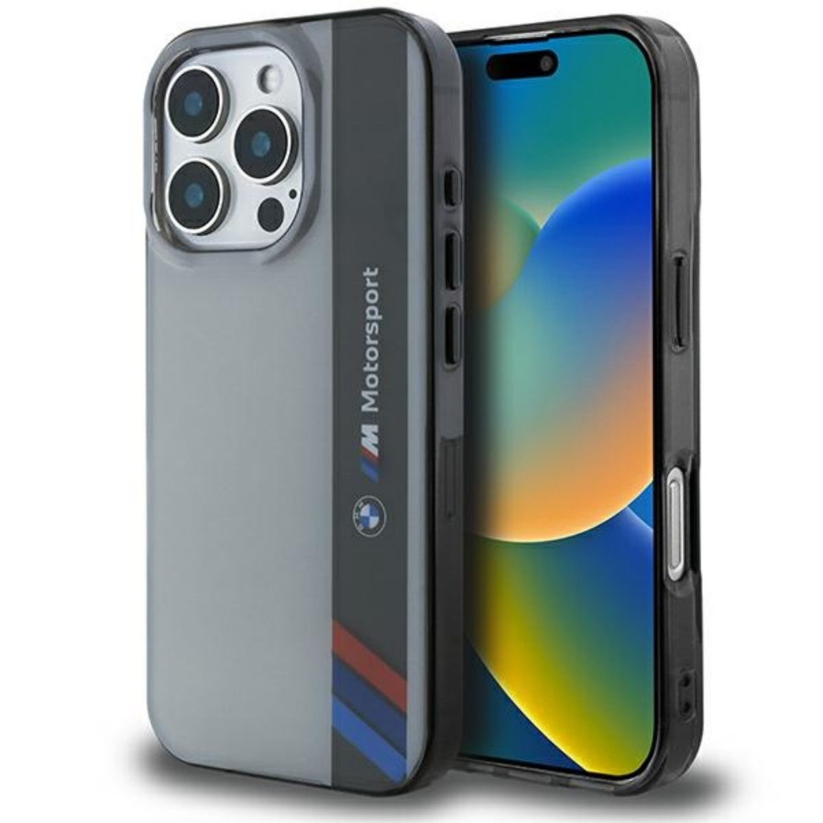 BMW Handyhülle Motorsport Vertica Magnetfunktion Kompatibel mit iPhone 16 Pro Grau 6,3, Sportliches IML Case mit vertikalem Motorsport Streifen