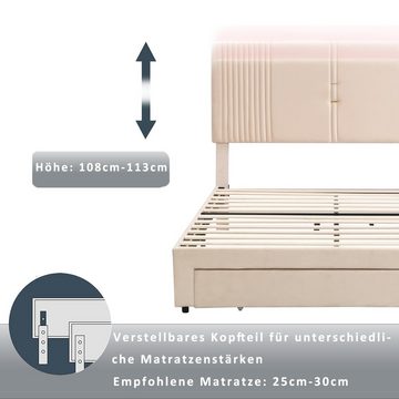 REDOM Polsterbett mit Lichtleiste und USB-Buchse,Doppelbett in Samtstoff (mit Rückenlehne und großer Schublade,geeignet für Erwachsene und Jugendliche, 140 x 200cm), ohne Matratze
