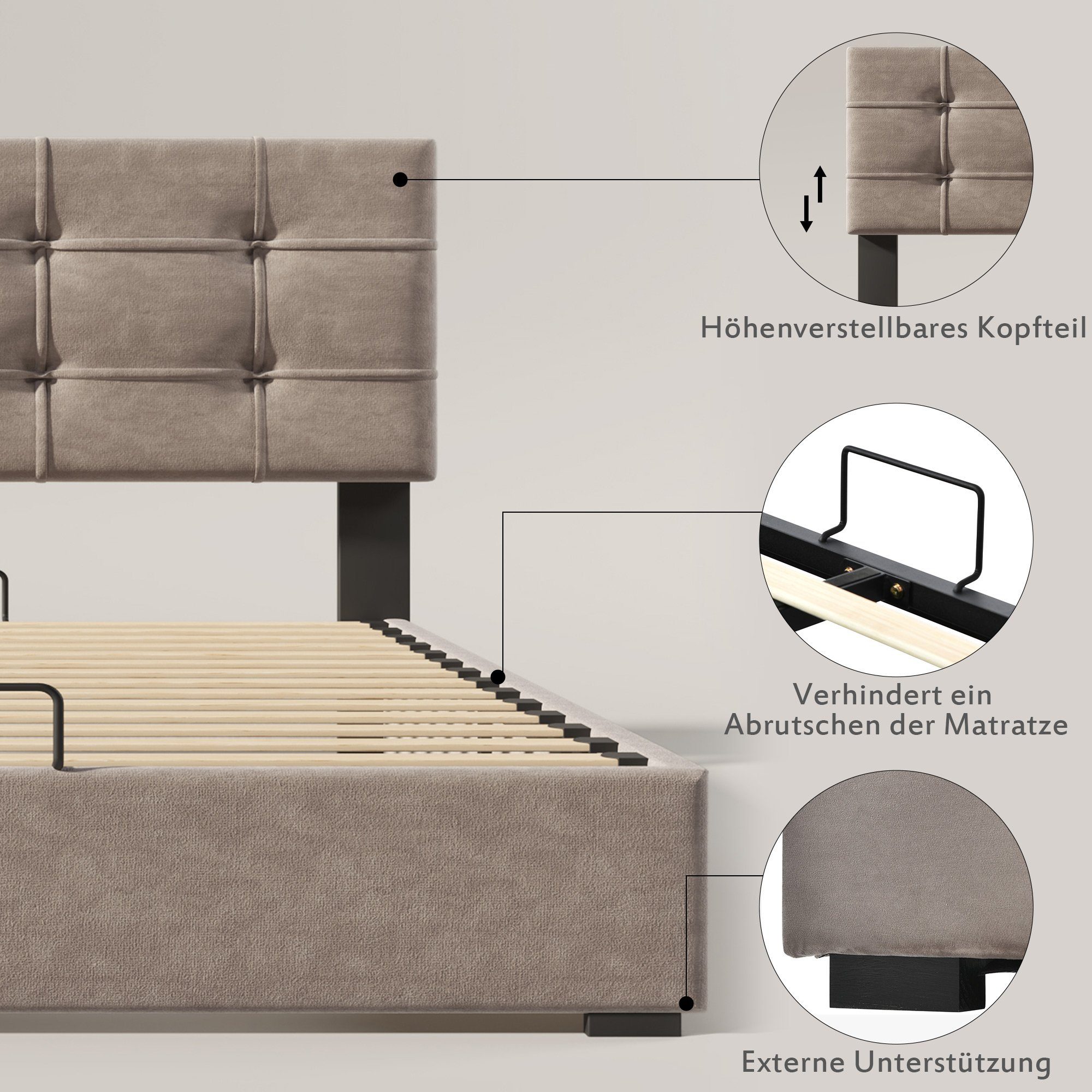 Boxspringbett (Funktionsbett, Einzelbett mit Bettkasten, Lattenrost und verstellbarem Kopfteil), Polsterbett hydraulisches Bett 90x200 cm, Bezug aus Samt
