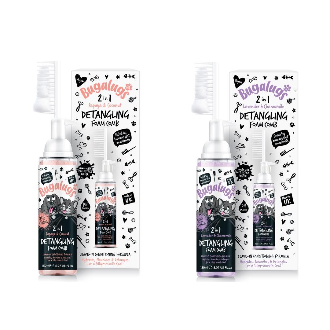 Bugalugs Tiershampoo Bugalugs 2 in 1 Entwirrungs- und Pflegeschaumkamm Fellpflege 150ml, 150 ml, (1-St), pH neutral, Hundeshampoo, natürliche Formel, Vegan