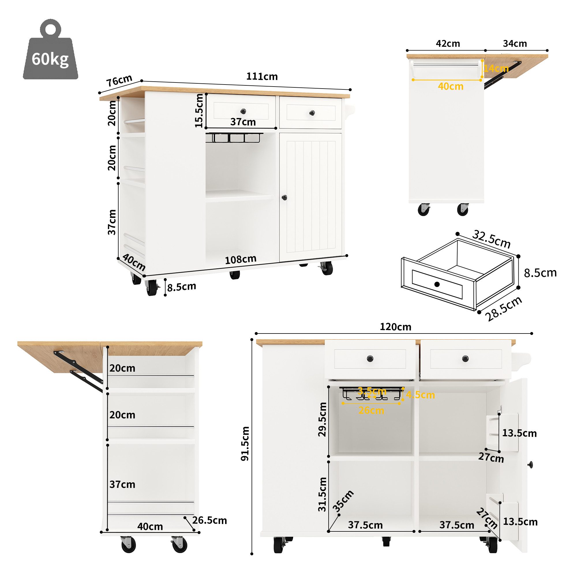 Flieks Küchenwagen mit erweiterbare Arbeitsplatte, Türablagen und Weinglasregal, (1 St), Kücheninsel mit Snackhalter Servierwagen Küchenschrank Rollwagen