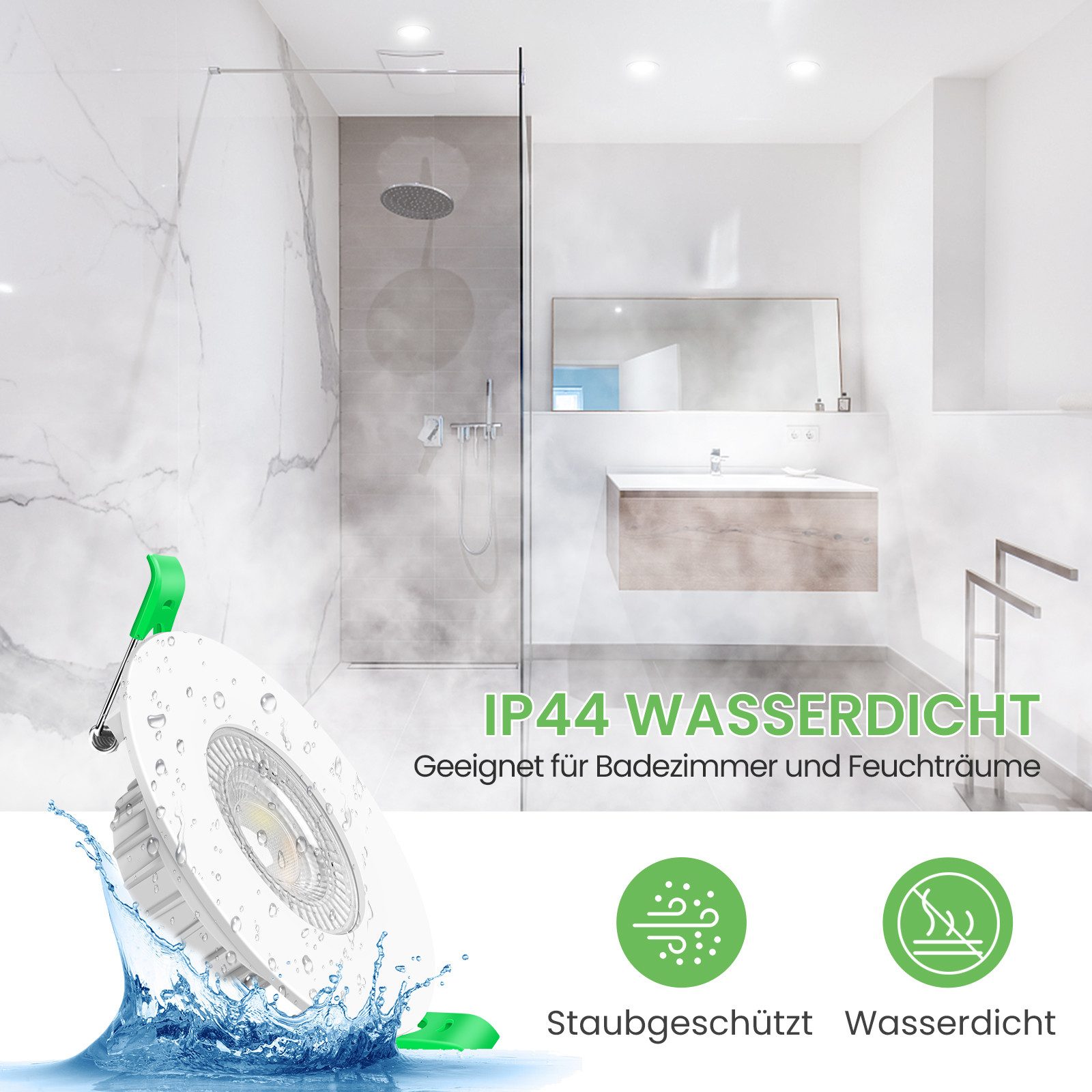 ALUSSO LED Einbauleuchte 6er-Set, 6 W, 3CCT, dimmbar, IP44, Ø 68 mm, Energieklasse E, 3000K/4000K/6500K, 540lm, Weiß