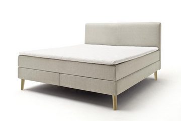 möbelando Boxspringbett Greta, Boxspringbett Greta mit Stoffbezug Porto beige, Liegefläche 160x200 cm, Kopfteil glatt, Holzfuß eichefarbig