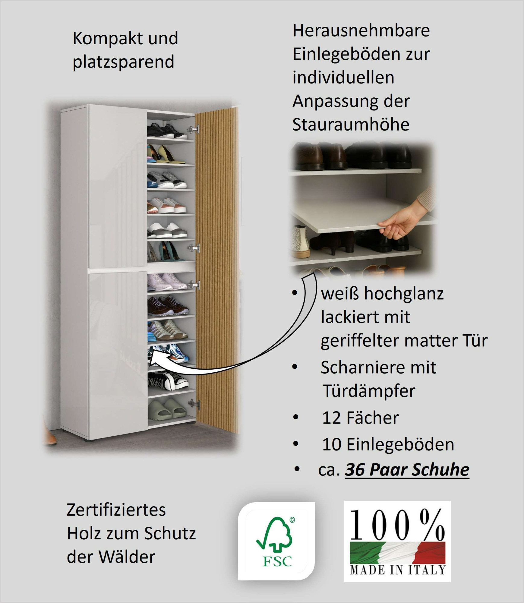 Home affaire Schuhschrank LADY, Schuhkommode,Schuhmöbel,Schuhablage,Schuhregal mit 10 Einlegeböden, 12 Fächer, Tür mit Rillenoptik, ca.36 paar Schuhe