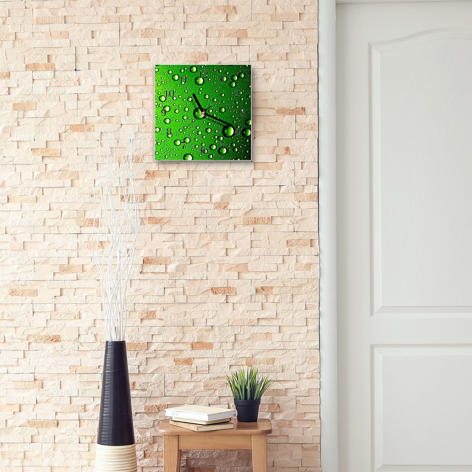 30 in Wassertropfen Wandkunst cm grün Wanduhr Wanduhr mit Glasuhr 30 Größe x Primedeco Motiv