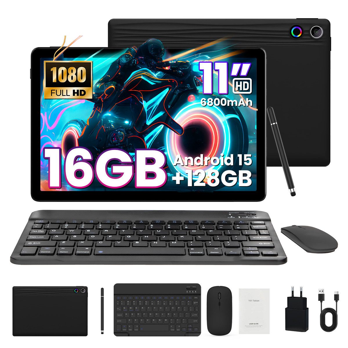 BUFO 11 Zoll Octa-Core 16(4+12)GB+128GB 1280x800 IPS HD 6800mAh WiFi 6 Tablet (11", 128 GB, Android, 2,4G/5G WiFi, 2,4G/5G WiFi, WidevineL1, mit Stift/Maus/Tastatur)