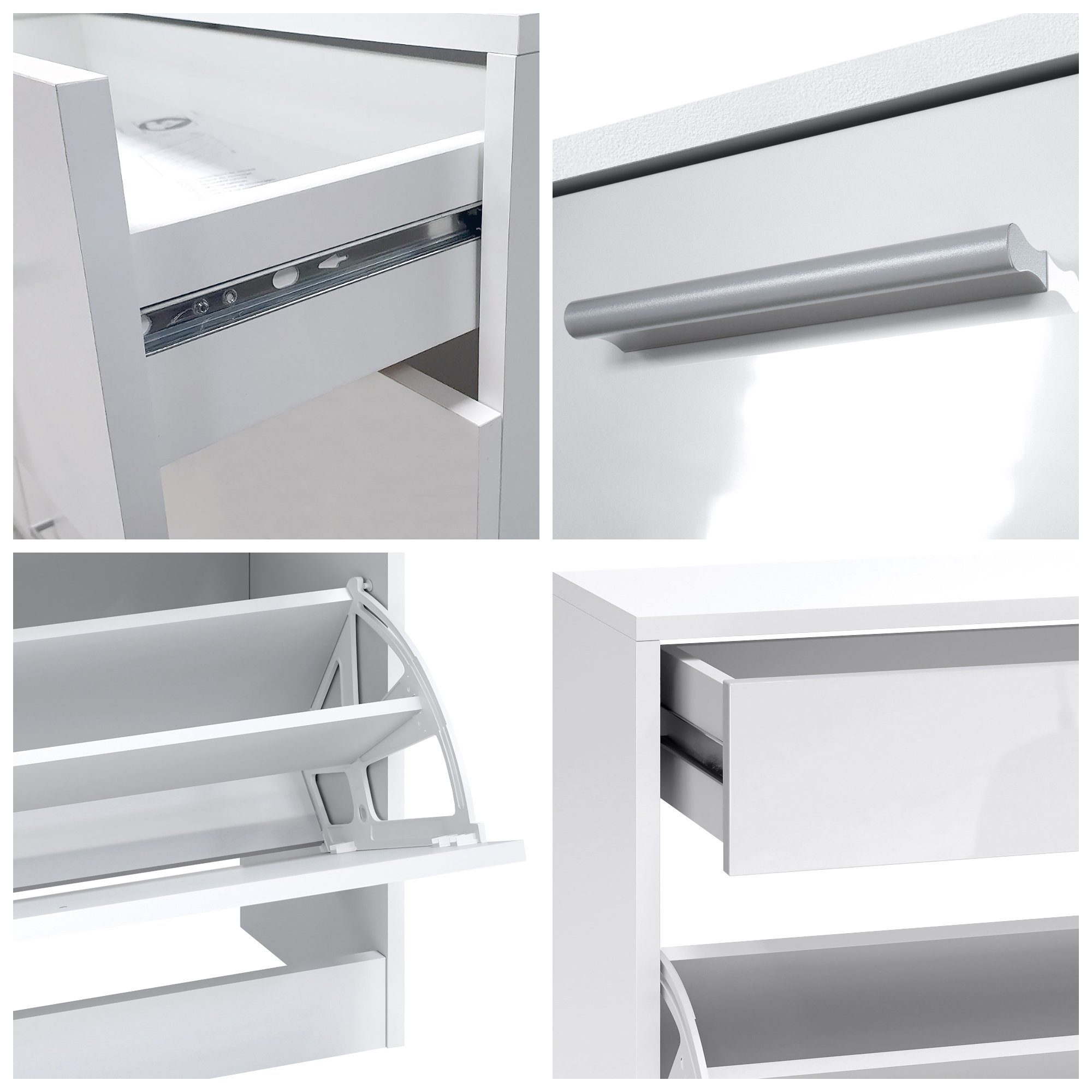 Vladon Garderoben-Set Loret V2, (Garderobe Set bestehend aus 1 Schuhschrank, 1 Wandspiegel, 2 Garderobenpaneele), Weiß matt (140 x 23 x 200 cm)