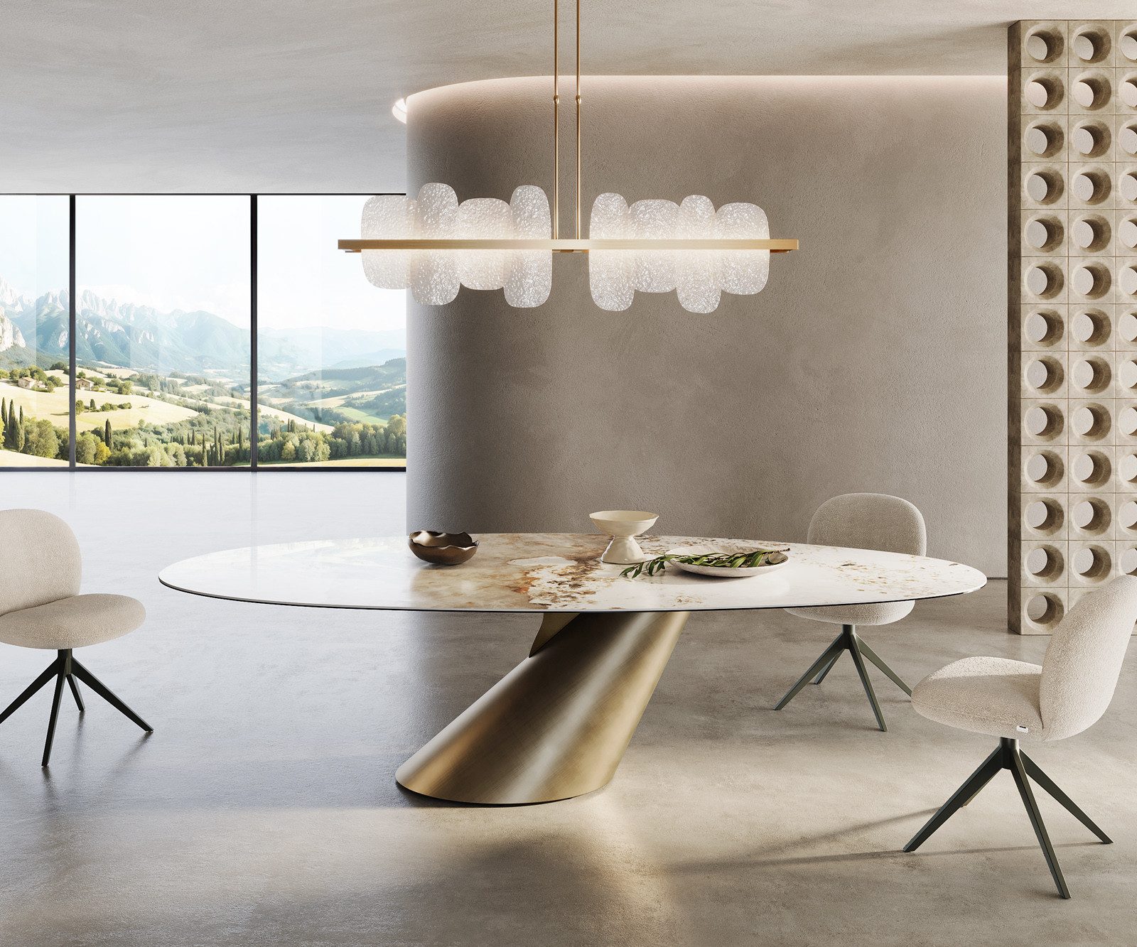 DELIFE Esstisch Edge, Oval Keramik Minas Melange Weiß-Beige 280x130 Cono Metallic Gold