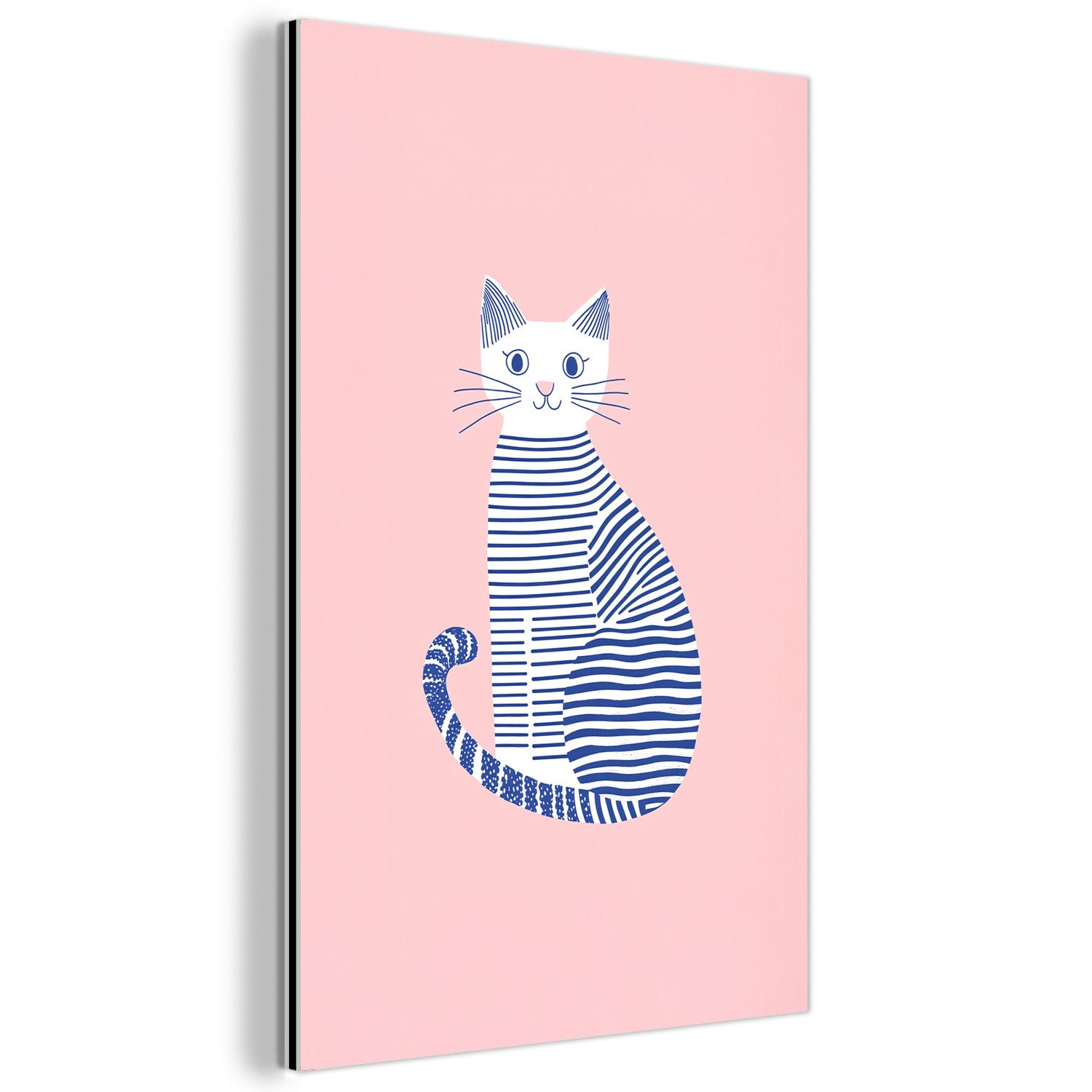 MuchoWow Metallbild Katze - Illustration - Minimalistisch - Rosa, Inkl. Aufhängung, Alu-Dibond-Druck, Dekoration aus Metall, Aluminium deko, 80x120 cm