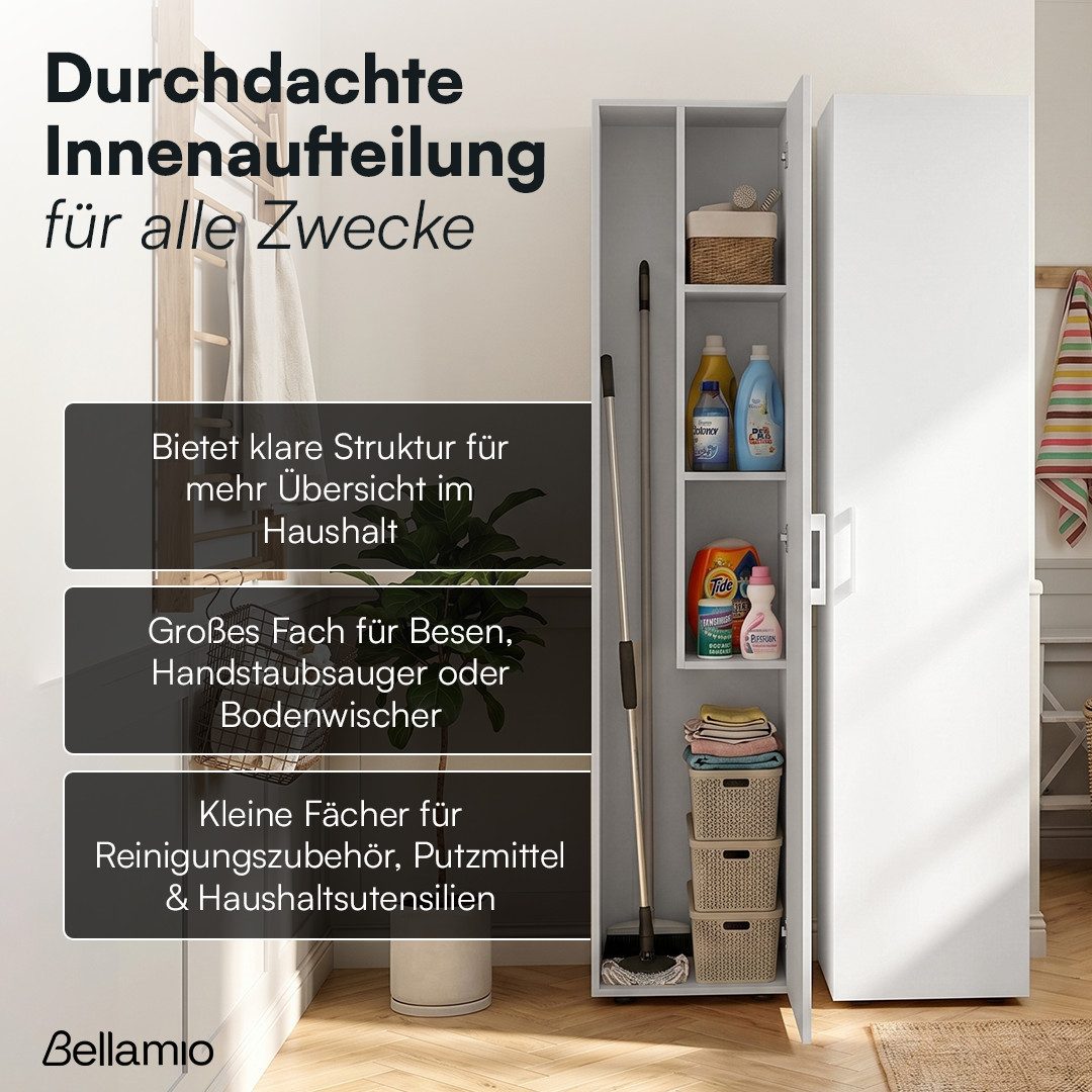 Bellamio Mehrzweckschrank Apol (Weiß) Besenschrank mit 3 Fächern, inkl. Staubsaugerfach, robust & kratzfest