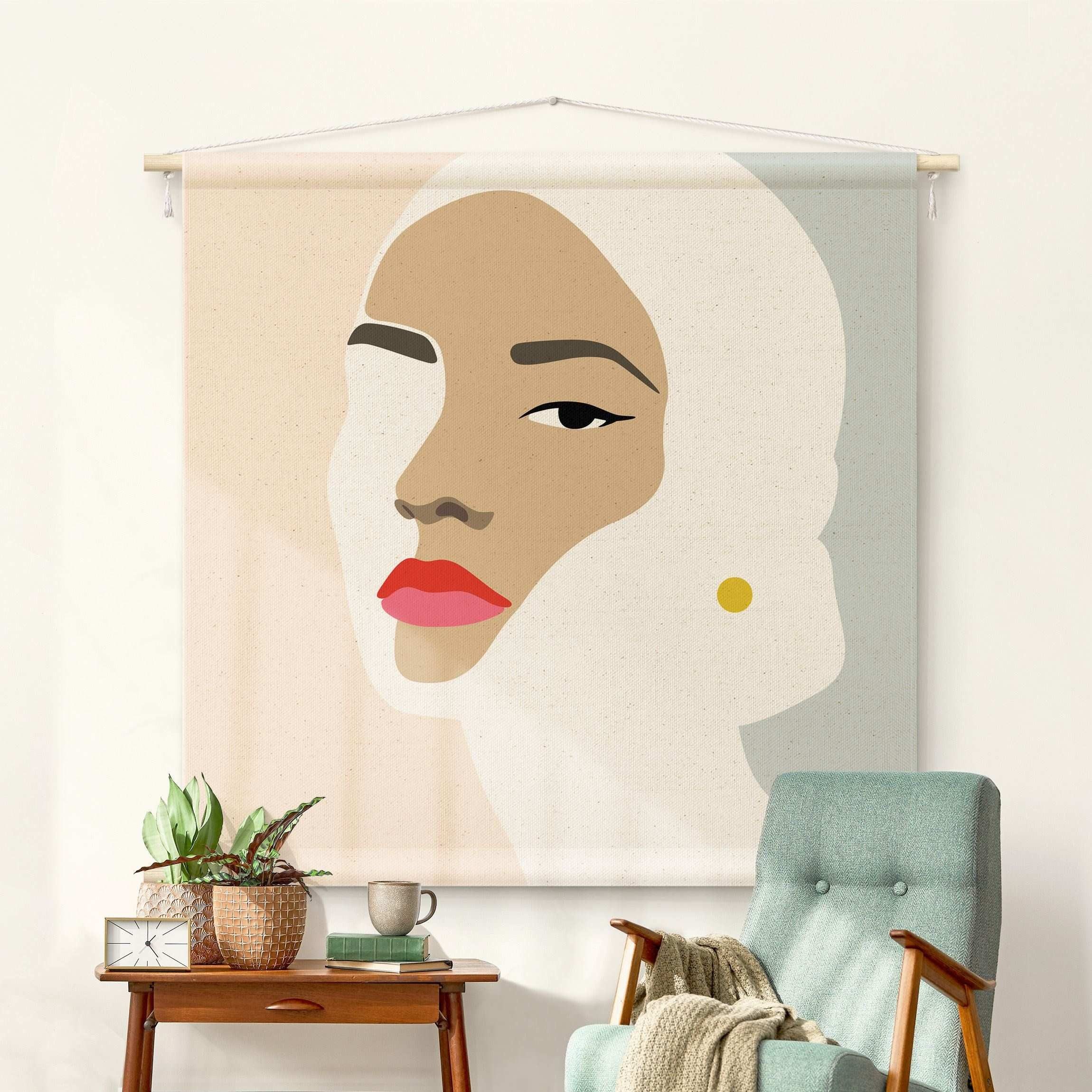 Bilderdepot24 Wandteppich modern Abstrakt Line Art Portrait Frau Pastell Grau beige, quadratisch, Höhe: 2.6 mm, großes Wandbild aus Natur-Baumwolle Wandbehang Stoffbild Tuch Wollseil