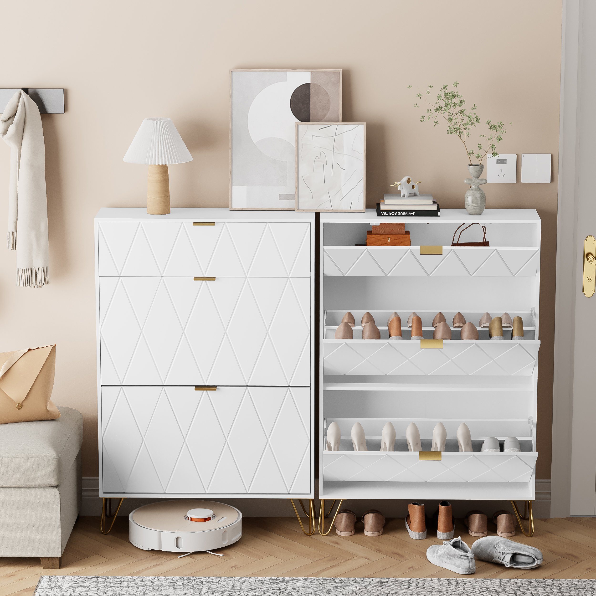 UEV Schuhschrank mit 2 Klappen Schuhregal Schuhkipper, Trennwände verstellbar (Schmal Schrank. Schuhkommode im Flur) B80 x T24 x H120 cm für 16 Paar Schuhe, Pla – Bild 5 von 5