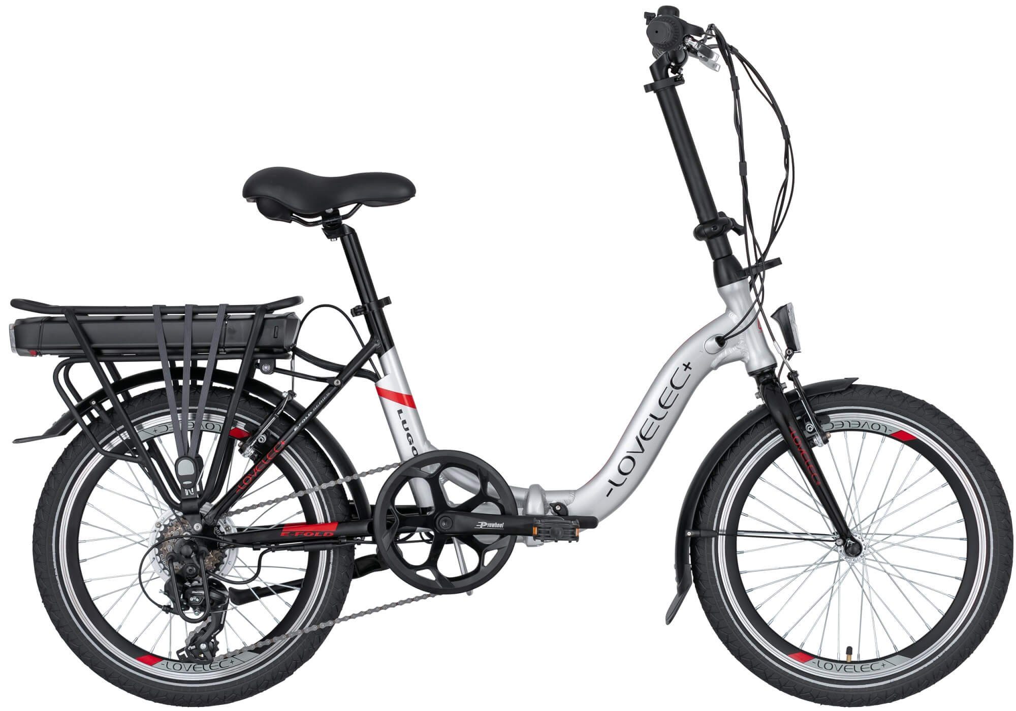 Lovelec E-Bike Lugo Silber Klapp E-Bike 10Ah, 90 km Reichweite, 25 km/h, bis 140 kg, 6 Gang, Heckmotor, 360,00 Wh Akku, 20 Zoll Räder, 250 W, 36 V, Aluminiumfelgen