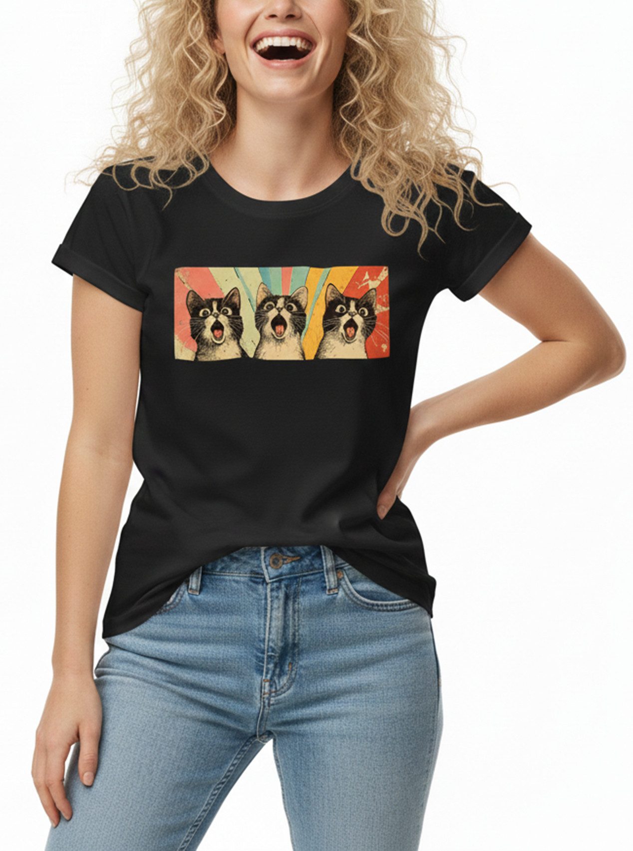 MAKAYA T-Shirt Lustiges Katzen Top für Damen - Witziges Geschenk für Frauen (Schwarz, S, M, L, XL) Baumwolle