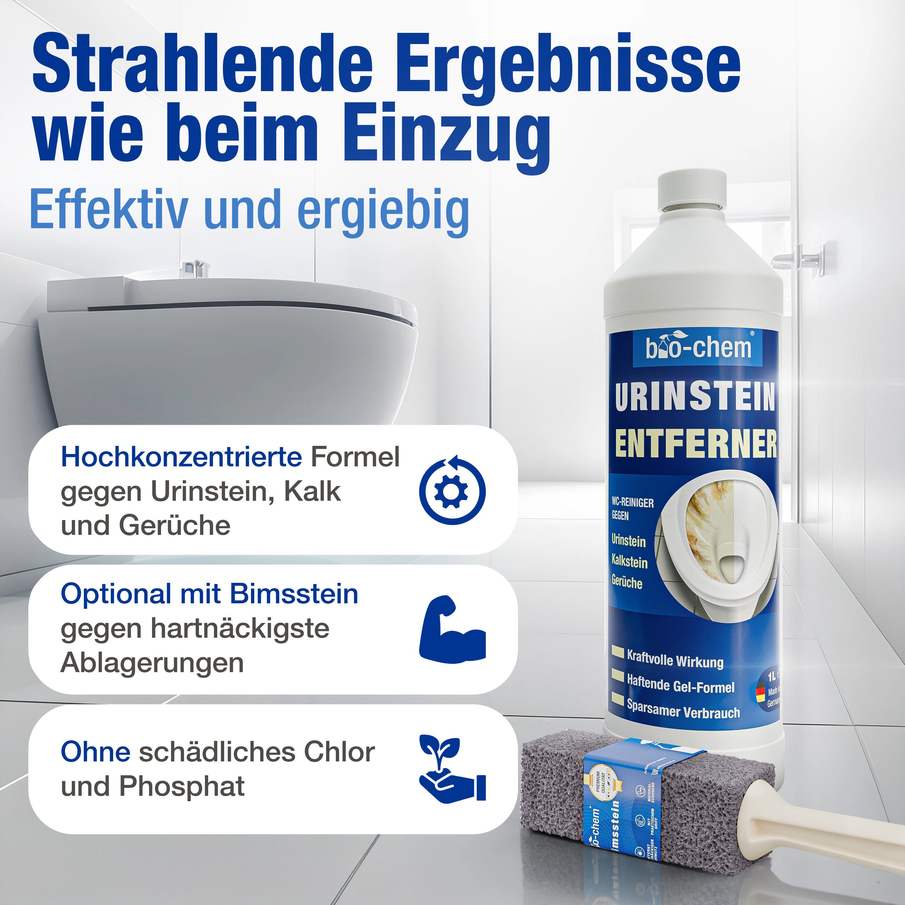bio-chem bio-chem Urinsteinentferner EXTRA STARK 1000 ML inkl. Bimsstein WC-Reiniger (Sparpaket, [- Urinsteinentferner 1 L + Schrägdüse + Bimsstein Profi WC-Reiniger für hartnäckigste Ablagerungen & Urinstein)
