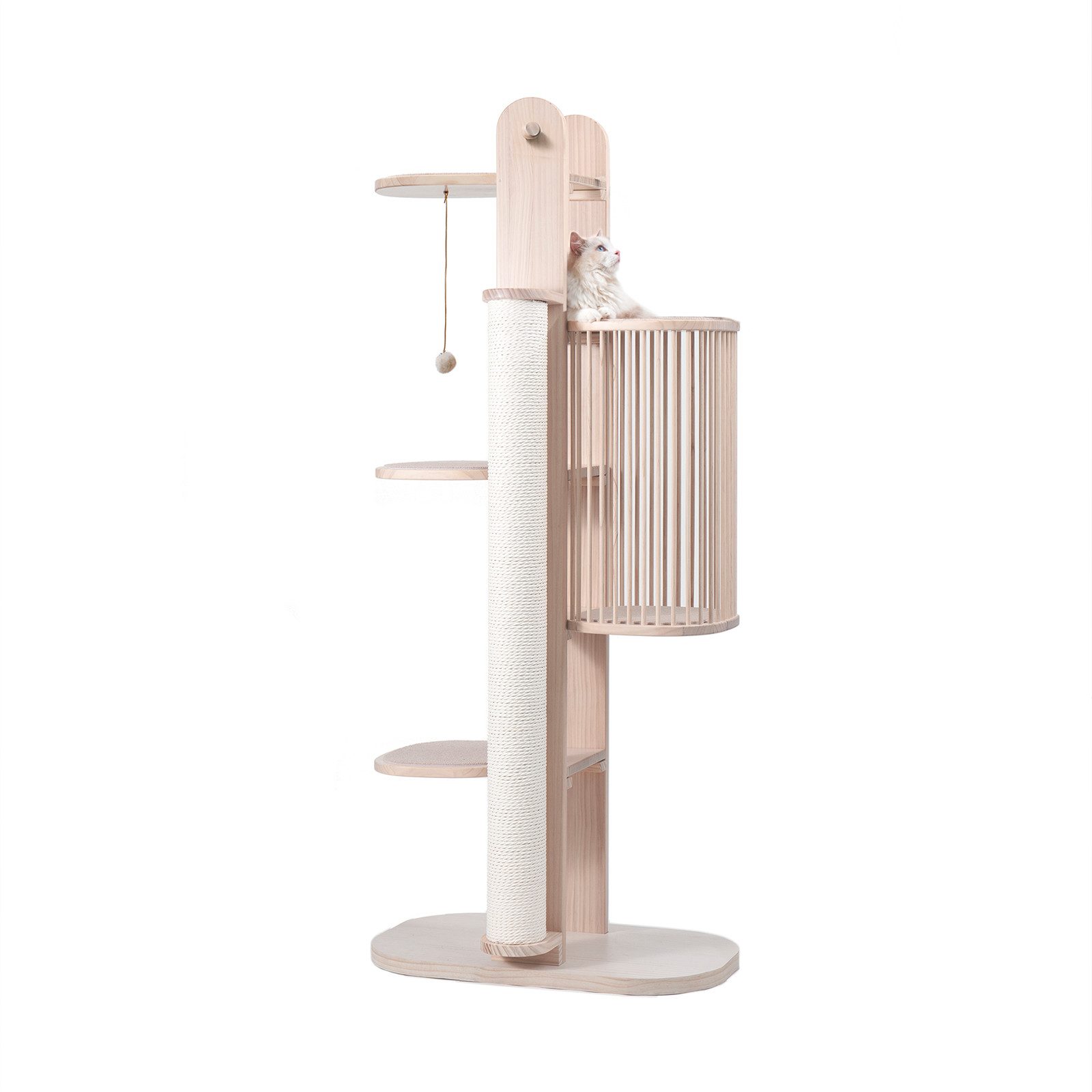 PetRhein Kratzbaum moderner Katzenbaum Skycity aus robustem Massivholz mit Höhle & Ball, 4 Plattformen, Kletterbaum, Katzenmöbel mit Sisal, mit Spielzeug