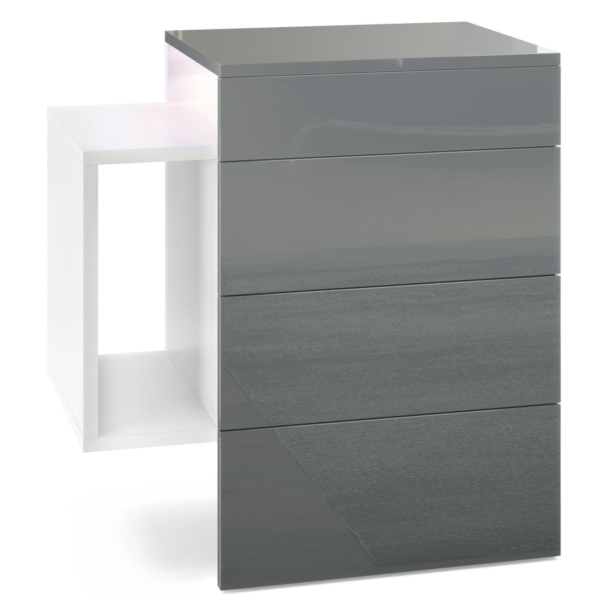 Vladon Nachttisch Queens (Nachttischschrank mit 2 Schubladen, und 1 seitlichem Fach zur Wandmontage), Weiß matt/Grau Hochglanz inkl. LED-Unterbaustrahler (60 x 63 x 36 cm)