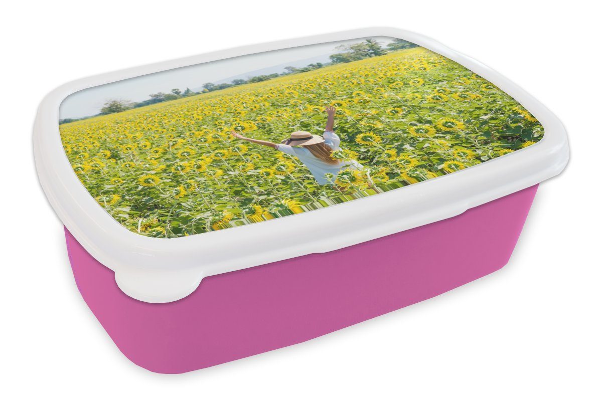 MuchoWow Lunchbox rosa (2-tlg), Brotdose Sonne, Kinder, - - Kunststoff, Mädchen, Frau Kunststoff Sonnenblume Erwachsene, Brotbox für Snackbox