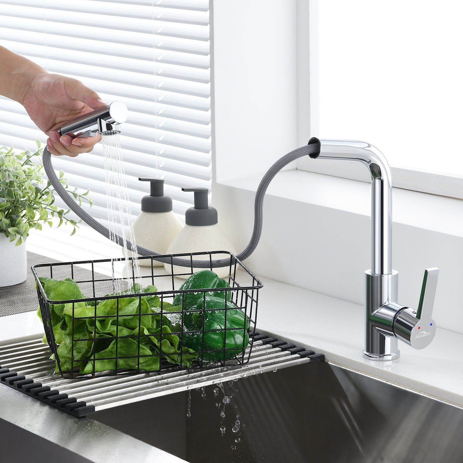 Auralum Spültischarmatur Wasserhahn Brause 360° Mischbatterie Drehbarer Ausziehbar mit Küchenarmatur
