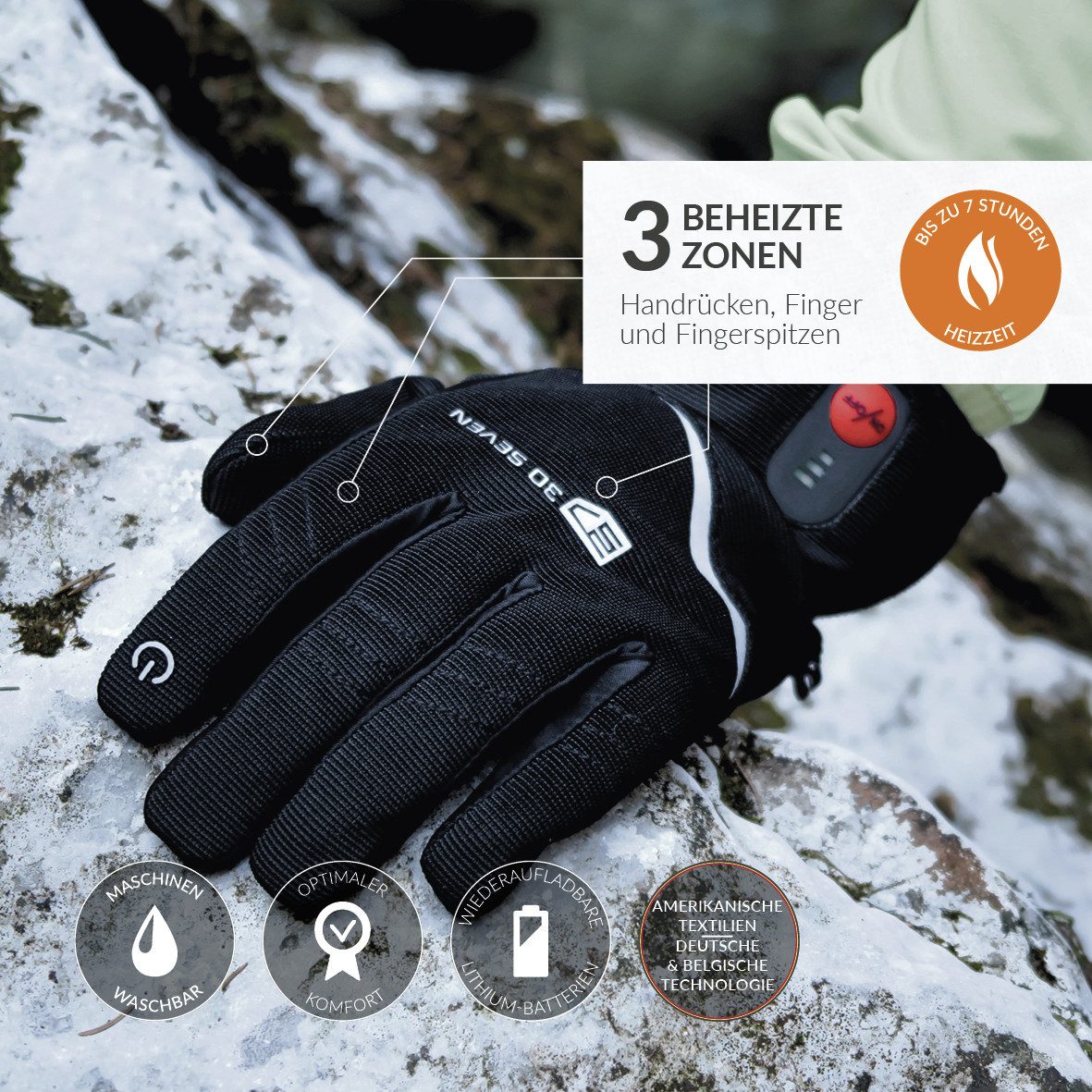 30seven Fahrradhandschuhe beheizte Thinsulate Comfort Handschuhe - schwarz 7,4V Set inkl. 2 Akkus & Doppelladegerät – Bild 5 von 5
