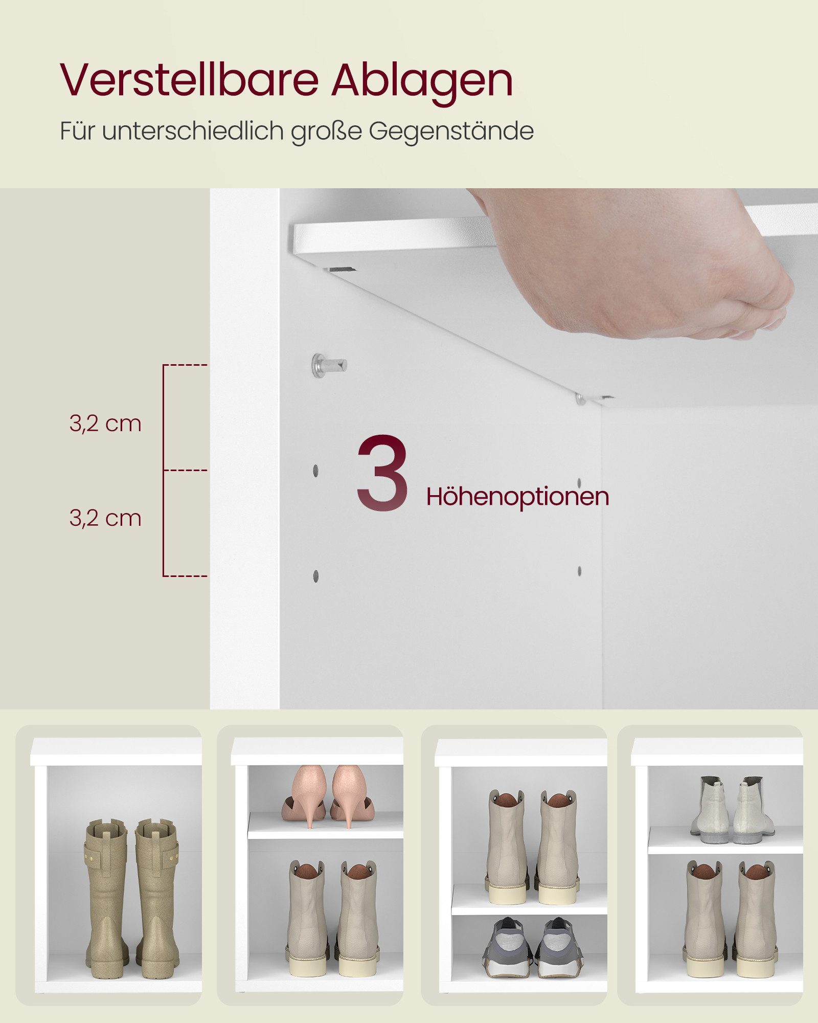 VASAGLE Schuhbank Sitzbank, Schuhregal, für Wohnzimmer, Flur, 29,5 x 100 x 50 cm, mit Stauraum, 6 Fächer, verstellbare Ablagen, weiß