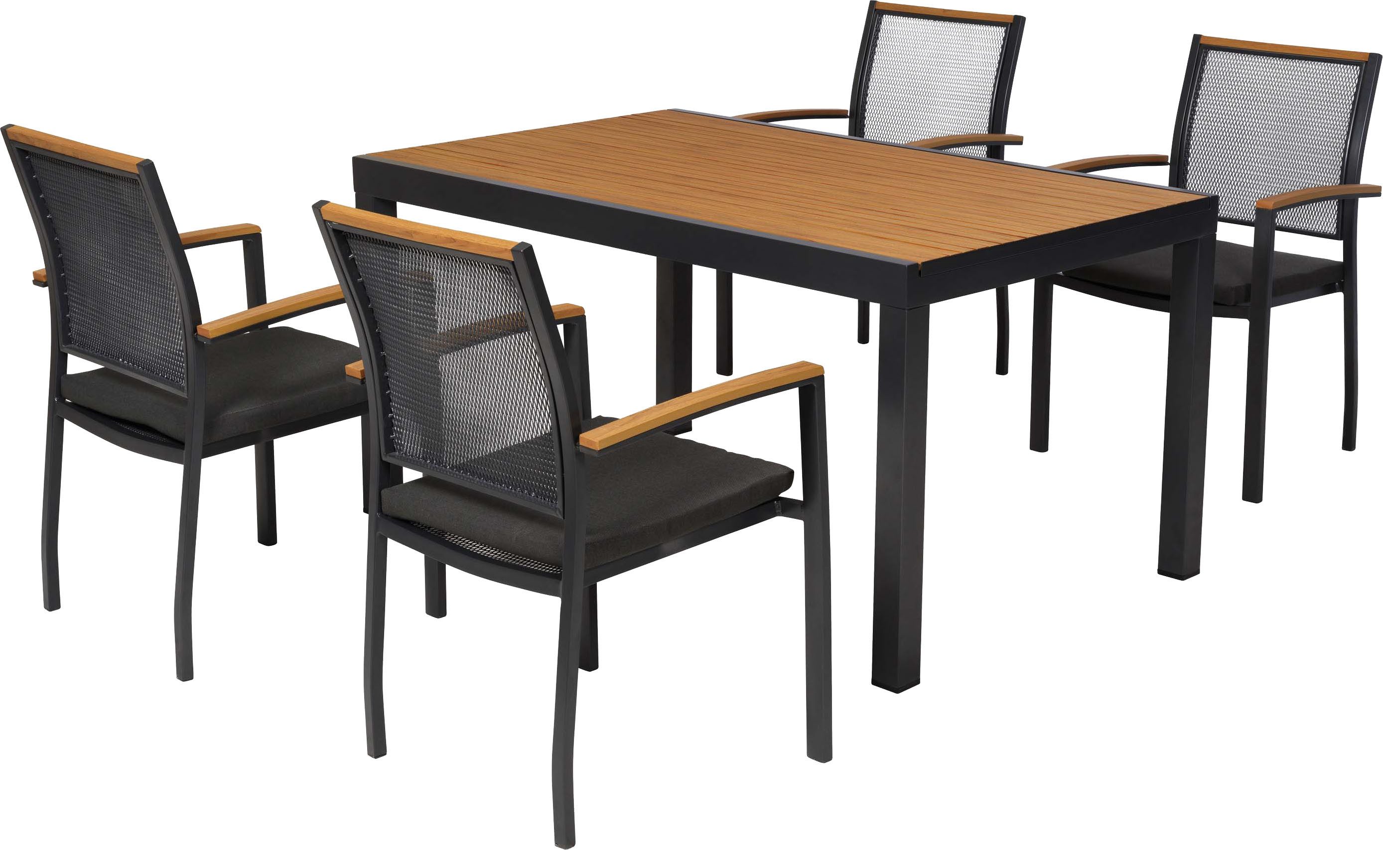 MERXX Garten-Essgruppe Itanos, (Set, 9-tlg), inkl. 4 Stapelsessel, 4 Auflagen, 1 Tisch