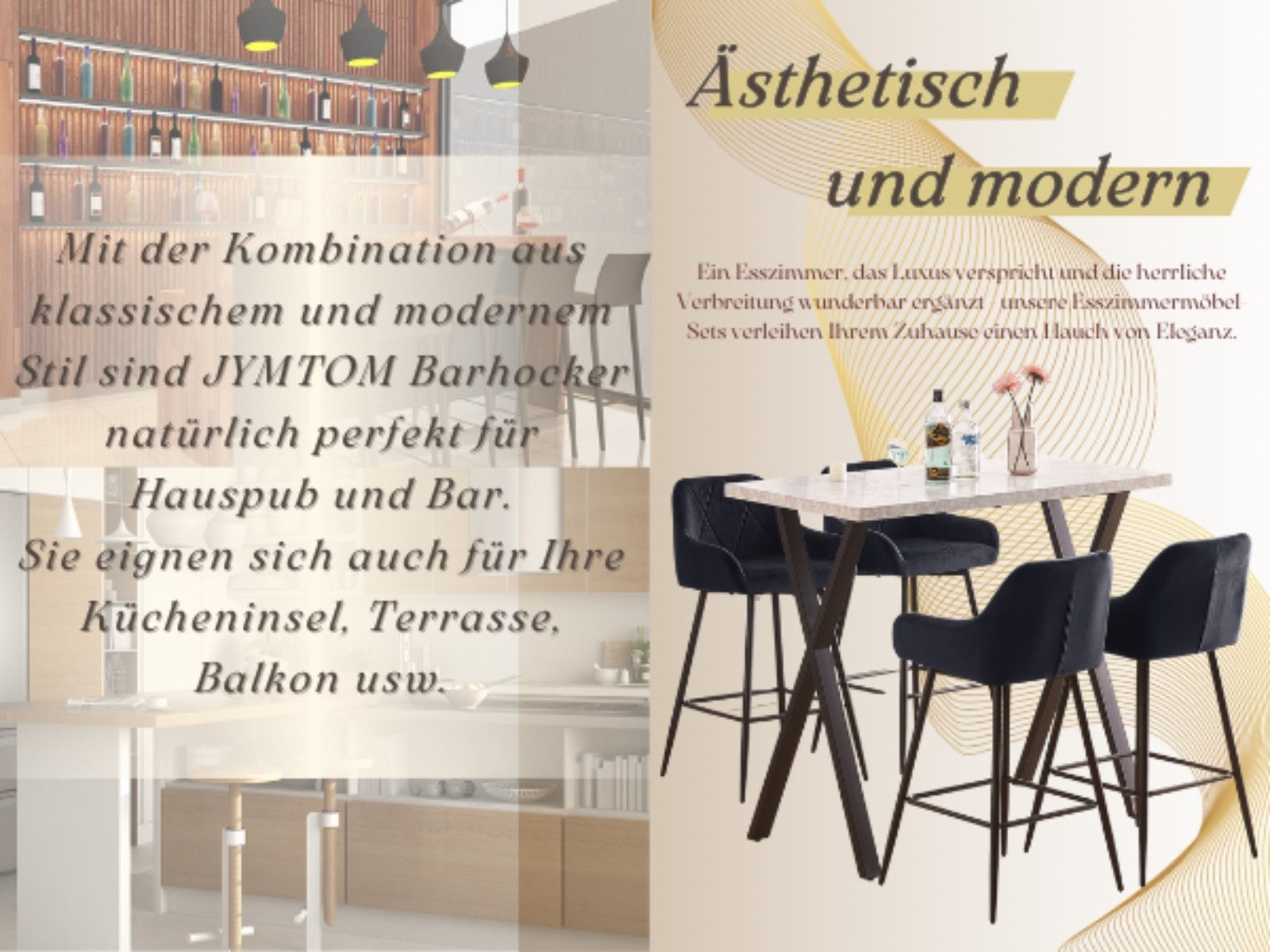 JYMTOM Barhocker Barstuhl mit Armlehne Gepolsterter Tresenhocker Bistrohocker (2 St), Outdoor Diamant Design Hocker, Schwarz
