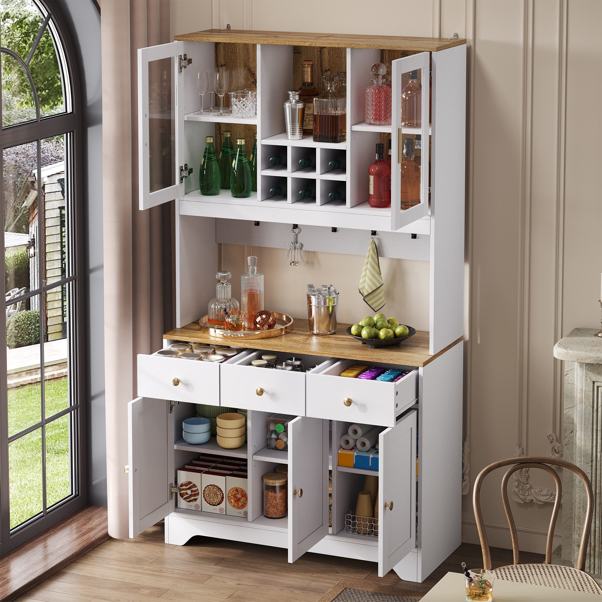 Odikalo Küchenbuffet Küchenschrank Hochschrank Sideboard mit Weinregal (Sideboard, Hochschrank in weißer Holzmaserung, 94,5 x 30 x 175,5 cm, für Wohn- und Esszimmer)
