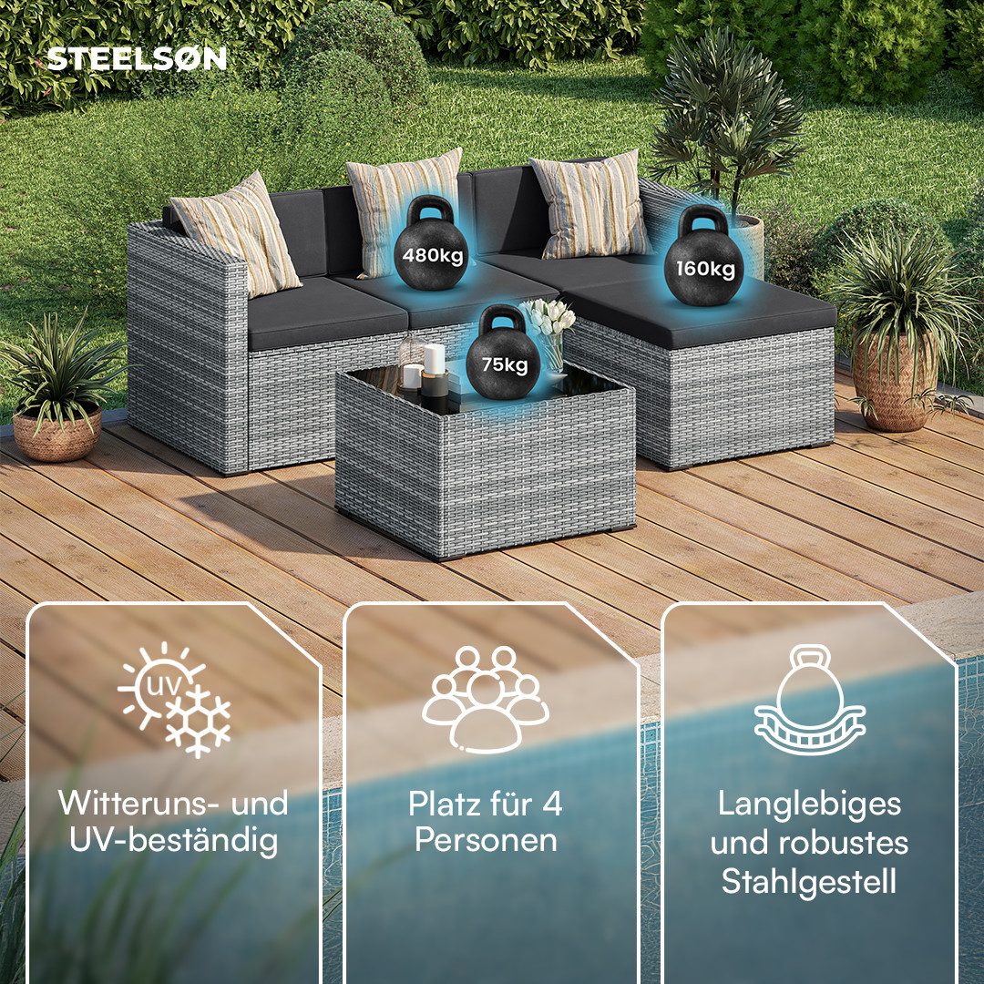 STEELSØN Sitzgruppe Zethora Gartenlounge Set aus Polyrattan, (grau/anthrazit, für 4 Personen), Outdoor Sitzgarnitur mit 3er Sofa, Hocker & Tisch